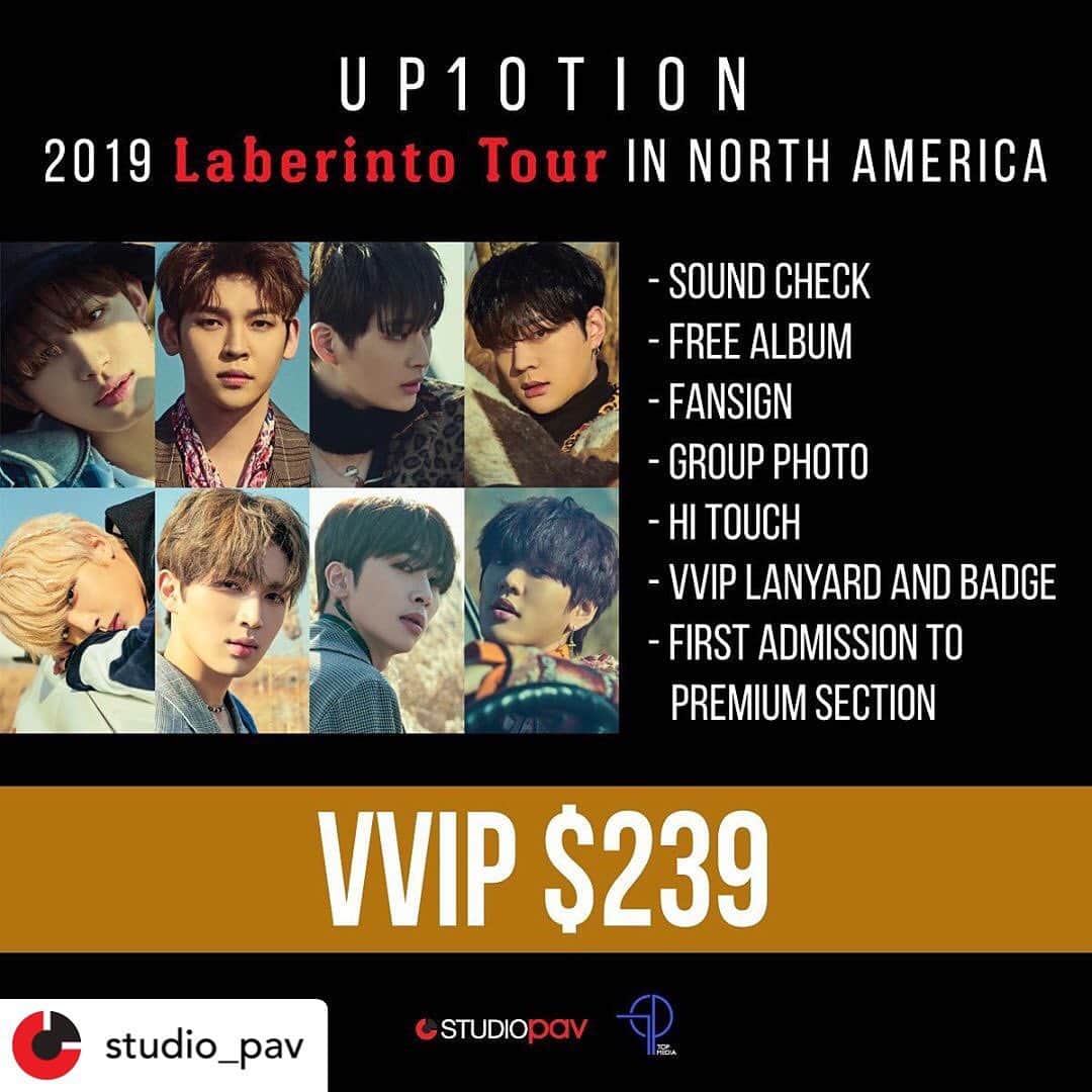 UP10TIONさんのインスタグラム写真 - (UP10TIONInstagram)「UP10TION 2019 Laberinto Tour in North America 📣 Attention all HONEY10s! We have exciting news for ALL ticket tiers! 🎟 - ‼️VVIP Tickets‼️ Newly Added Perk - 🎤SOUND CHECK🎤 Experience an exclusive and intimate sound check session before the concert – the best sneak peak preview for the concert! *SOUND CHECK is for all VVIP ticket holders (even those who have bought before this announcement) - ‼️VIP Tickets‼️ Use promo code LABERINTO for $99 USD tickets Don’t just pay for concert tickets, live the experience and meet your idols! Get group photo session, hi-touch, VIP badge, and early entry before General for the best seats at $99 USD! ($133 CAD) ⚠️Announcement will be published on when promo code LABERINTO will be active, be sure to follow our SNS for that post! - ‼️General Tickets‼️ Promo code UP10TION has been extended for Toronto*, Jersey City, Dallas**, Vancouver & Honolulu! Tickets are only $19 USD / $26 CAD *Toronoto: UP10TION-TORONTO **Dallas: UP10TION-DALLAS - Buy your tickets now at 🔗kpoptickets.com  Bring your friends and family for the best K-Pop show this summer!」5月12日 20時28分 - u10t_official