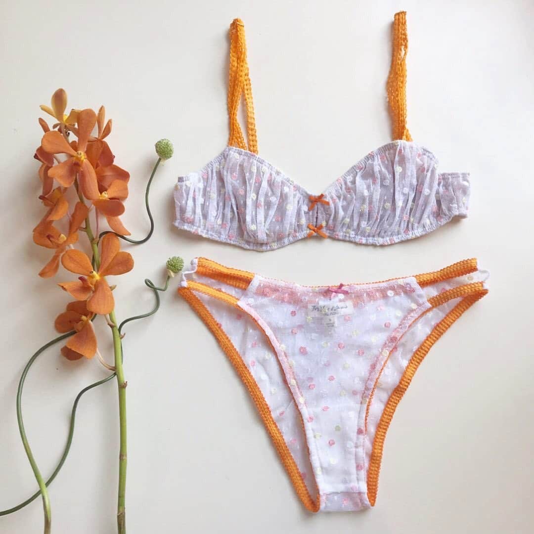 For Love & Lemonsさんのインスタグラム写真 - (For Love & LemonsInstagram)「Sweet like a summer morning | The Marzipan Bralette and Strappy Panty is a dreamy little set made with embroidered point d'esprit tulle and spotted polka dots.」5月13日 22時50分 - forloveandlemons