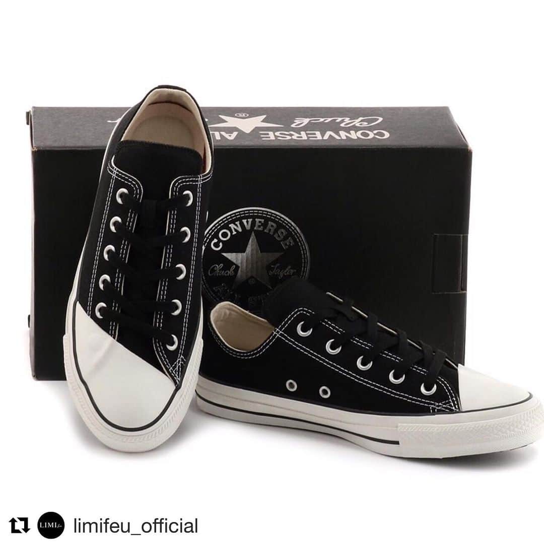 山本里美のインスタグラム：「#Repost @limifeu_official with @get_repost ・・・ 『 LIMI feu 』×『 CONVERSE ALL STAR 100 』 . 大好評を博したコラボレーションモデルが再び登場 . LIMI feuとコンバースALL STAR生誕100周年を記念して登場した「ALL STAR 100」とのコラボレーションモデルが再び登場します。 . LIMI feuでは、大胆にもアイレットを斜めに覆ったトゥキャップのデザインを提案。 シンプルないさぎよさのなかにユニークな表情を合わせ持つ、ユニセックス仕様のコラボレーションモデルとなります。 . また、レギュラーのシューレース（White）に加え、今回はスペア・シューレース（Black）を付属いたします。 . 発売日：2019年6月1日（土） ※5月18日（土）伊勢丹新宿店先行発売 . 価格 ：18,000円（税別） ※スペア・シューレース（Black）付 . モデル：ローカット ボディカラー：ブラック スタイル：ユニセックス サイズ：22.5～28.0cm（0.5cmピッチ） . 取り扱い店舗： LIMI feu全店舗 . 伊勢丹新宿店/ 西武渋谷店/ 西武池袋本店/ 銀座三越本館/ そごう横浜店/ 名古屋三越栄店/ JR京都伊勢丹店/ E-ma店/ ルクア1100店 . . . #limifeu #リミフゥ #CONVERSE #コンバース」