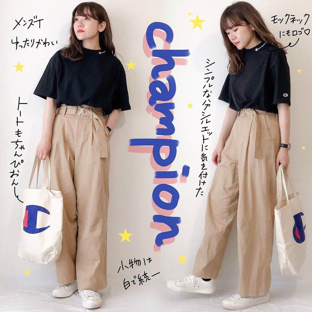 かほこ。さんのインスタグラム写真 - (かほこ。Instagram)「ㅤㅤㅤㅤㅤㅤㅤㅤㅤㅤㅤㅤㅤ ㅤㅤㅤㅤㅤㅤㅤㅤㅤㅤㅤㅤㅤ tops & bag : #champion pants : #freaksstore sneakers : #無印良品 ㅤㅤㅤㅤㅤㅤㅤㅤㅤㅤㅤㅤㅤ めちゃめちゃ暑かった日。メンズのモックネックT着た。生地しっかりしてて、首元にもロゴ入ってて可愛い。でも一歩間違えたら野球部のあの中に着るやつみたいになる。 ㅤㅤㅤㅤㅤㅤㅤㅤㅤㅤㅤㅤㅤ シンプルに。上が大きいので、ハイウエストのストレートチノで少しでもバランス良く見えるように。 ㅤㅤㅤㅤㅤㅤㅤㅤㅤㅤㅤㅤㅤ トートは数年前のFNOでもらったやつです。 ㅤㅤㅤㅤㅤㅤㅤㅤㅤㅤㅤㅤㅤ #kaho_fashion」5月13日 21時43分 - xxokohakxx