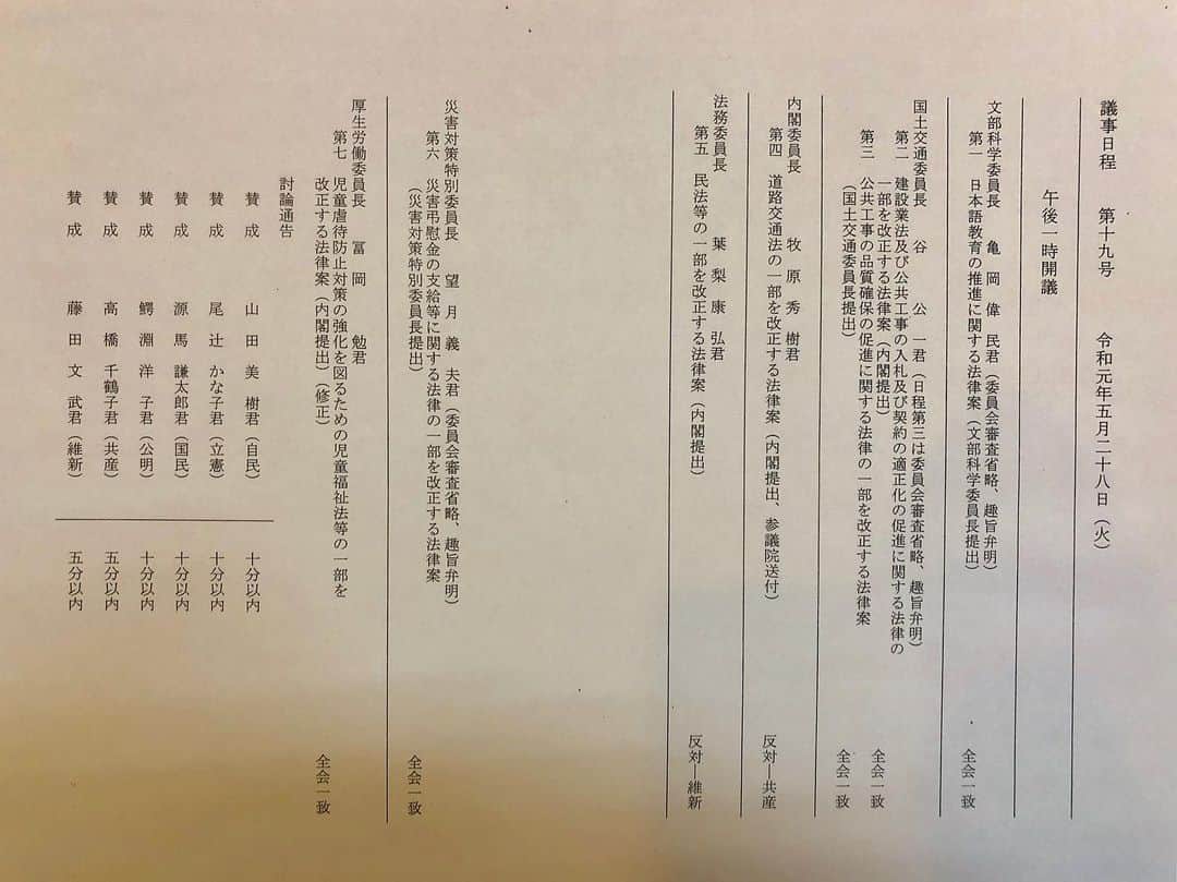中谷一馬のインスタグラム：「‪令和元年5月28日(火) #衆議院 #本会議。‬ 7つの提出法案に対して、 #立憲民主党 は #全て #賛成 。(反対率0%) 「#野党 は #反対 ばかりしている」という論調は、残念ながら事実に基づかない意見です。 #国会 における委員会などの質疑をきちんと見られたことのある方ならば野党は賛成・提案ばかりしていると思われることがあっても、提案なく反対ばかりしているとは思わないと思います。 多くの皆様には嘘偽りのない国会の客観的な真実をご覧頂きたく存じます。 #中谷一馬」