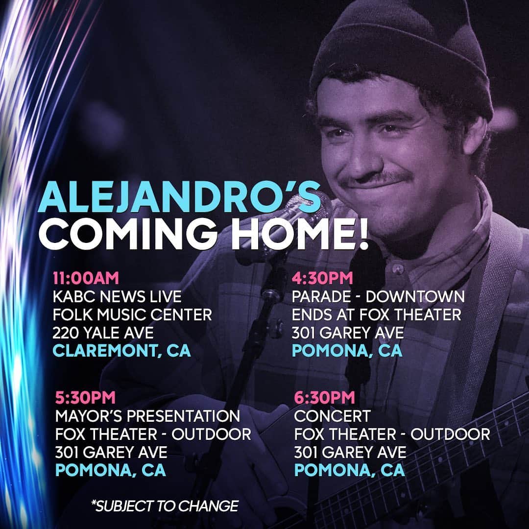 American Idolさんのインスタグラム写真 - (American IdolInstagram)「Alejandro's Coming Home! 🎉  If you are in the greater SoCal area, join us TOMORROW May 14th for a day of festivities honoring Pomona's-own #AmericanIdol Top 3 Finalist, Alejandro Aranda!  All events open to the public.」5月14日 6時13分 - americanidol