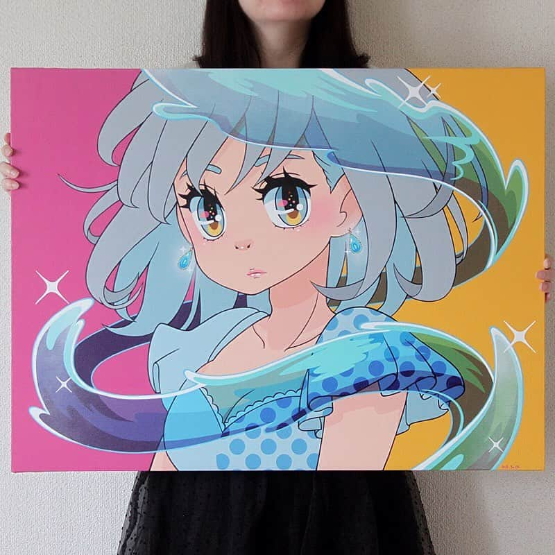 木野下円のインスタグラム：「Completion!! ☺️👍✨ Canvas art “Water” Acrylic paint on Canvas.  Size 23 6/7 "x 31 5/8" in.  Blog >> https://madoka07.blogspot.com/2019/05/canvas-art-water.html」