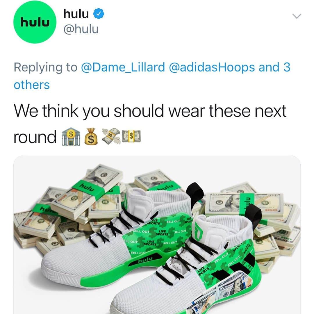 デイミアン・リラードのインスタグラム：「👀 @hulu just hit me on twitter asking me to wear these in the WCF. Y’all think I should wear ‘em? 🤔 Might need to renegotiate my @hulu contract for that! #HuluHasLiveSports #HuluSellouts #ad 💰💰💰」