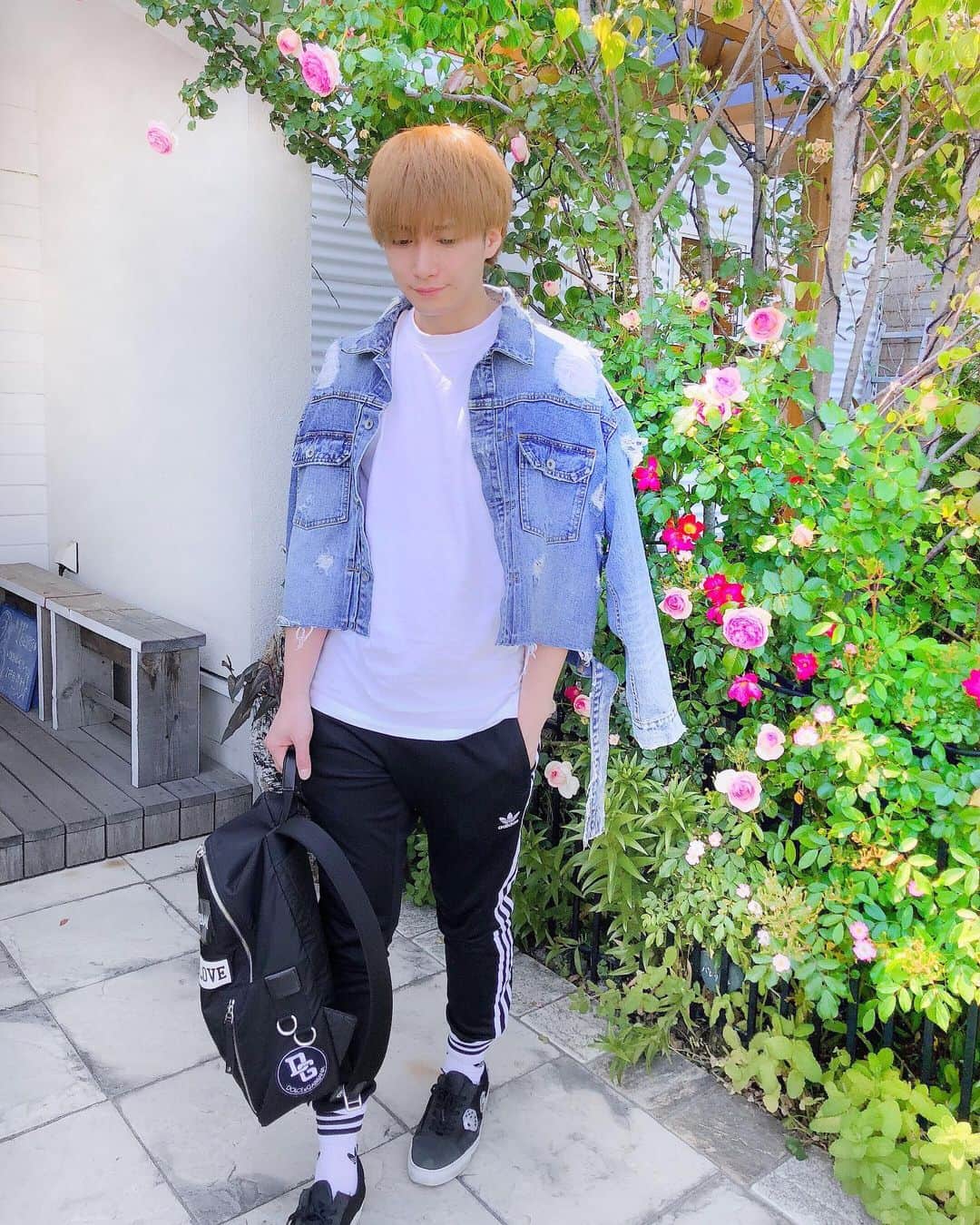 のインスタグラム：「.﻿ 👕👖👟﻿ ﻿ 昨日のコーデ﻿ Jacket▷ LEGENDA @legenda_tokyo  T-shirt▷ Bershka﻿ Pants▷  adidas originals﻿ Socks▷  adidas originals﻿ Sneaker▷ MSGM﻿ Bag ▷ Dolce&Gabbana﻿ ﻿ 昨日のランチプレート﻿ 載せ忘れてた🙆‍♂️🐔﻿ チキン美味しかった〜🍽﻿ ﻿ #今日のランチは何にしよう﻿ #みんな何食べた？ 🏡@lufflecafe  岐阜県瑞穂市稲里140-1 1F」