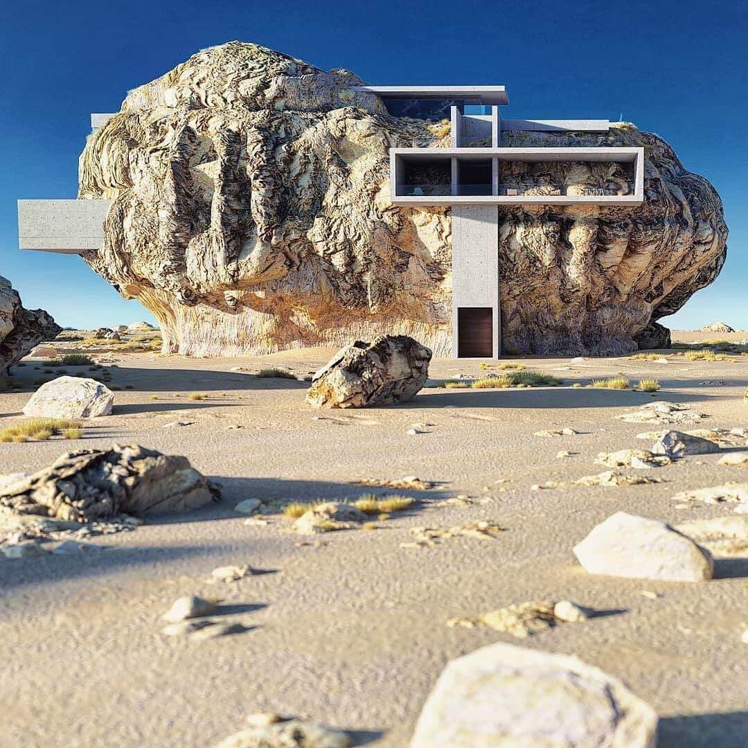 HYPEBEASTさんのインスタグラム写真 - (HYPEBEASTInstagram)「#hypelife: Take a look at @ameyzing_architect’s ‘House Inside a Rock.’ Inspired by the rock-cut tomb of Saudi Arabia’s Madain Saleh, the 3D rendered design combines minimalistic concrete slabs with the organic geometries of natural rock.  Photo: Amey Kandalgaonkar」5月14日 16時22分 - hypebeast