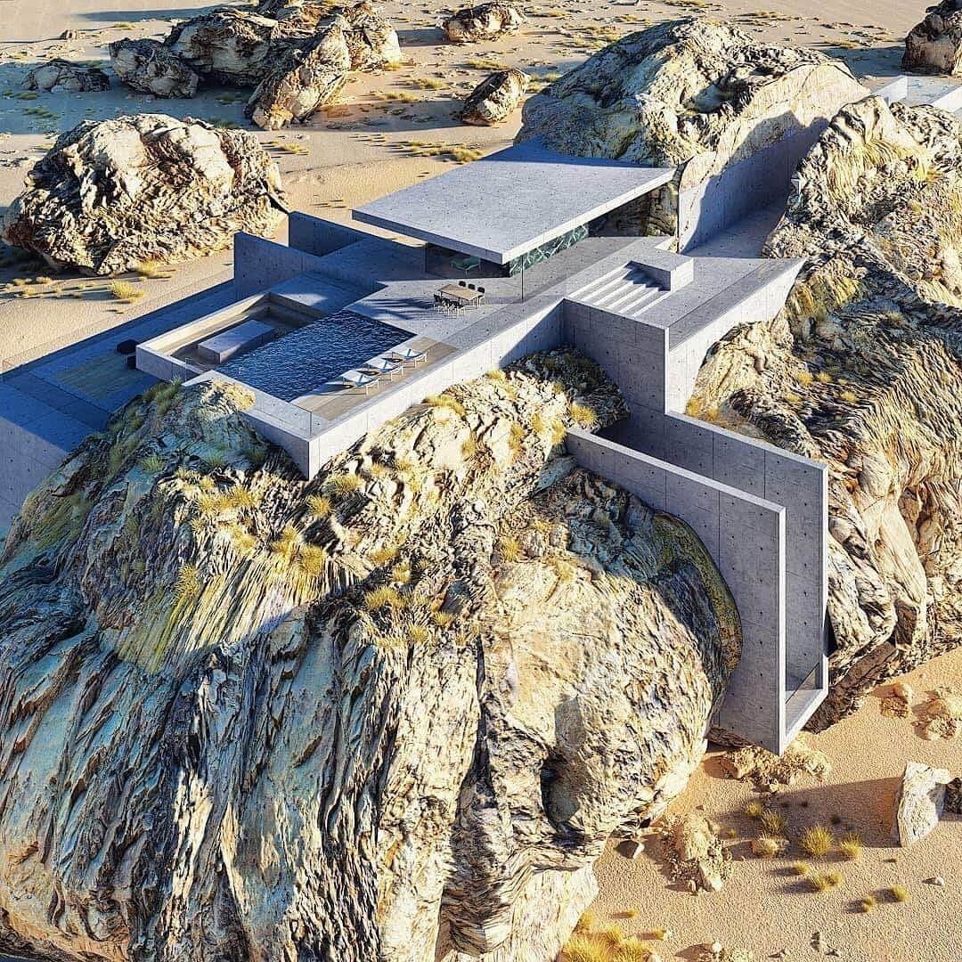 HYPEBEASTさんのインスタグラム写真 - (HYPEBEASTInstagram)「#hypelife: Take a look at @ameyzing_architect’s ‘House Inside a Rock.’ Inspired by the rock-cut tomb of Saudi Arabia’s Madain Saleh, the 3D rendered design combines minimalistic concrete slabs with the organic geometries of natural rock.  Photo: Amey Kandalgaonkar」5月14日 16時22分 - hypebeast