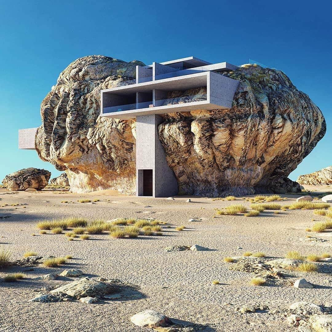 HYPEBEASTさんのインスタグラム写真 - (HYPEBEASTInstagram)「#hypelife: Take a look at @ameyzing_architect’s ‘House Inside a Rock.’ Inspired by the rock-cut tomb of Saudi Arabia’s Madain Saleh, the 3D rendered design combines minimalistic concrete slabs with the organic geometries of natural rock.  Photo: Amey Kandalgaonkar」5月14日 16時22分 - hypebeast