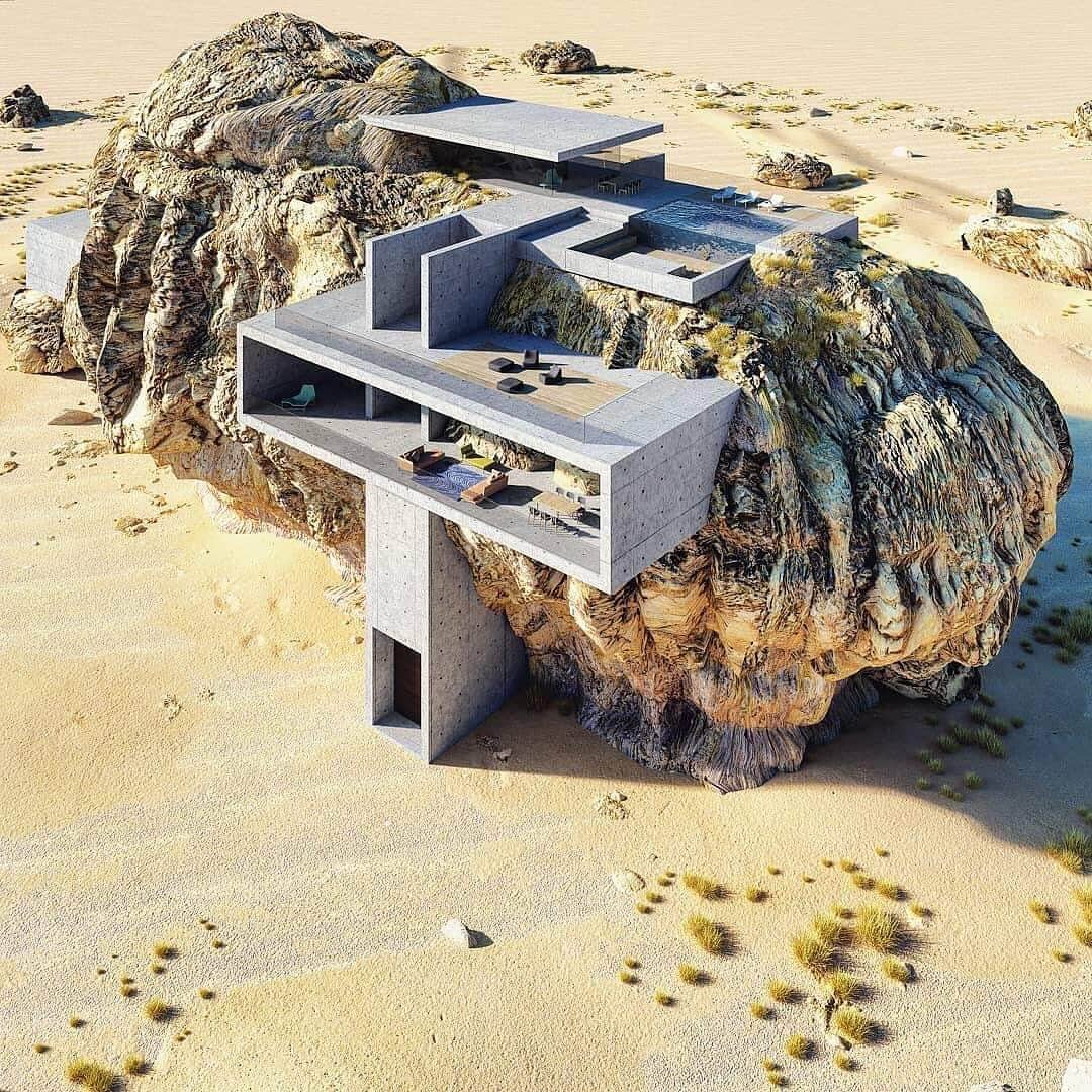 HYPEBEASTさんのインスタグラム写真 - (HYPEBEASTInstagram)「#hypelife: Take a look at @ameyzing_architect’s ‘House Inside a Rock.’ Inspired by the rock-cut tomb of Saudi Arabia’s Madain Saleh, the 3D rendered design combines minimalistic concrete slabs with the organic geometries of natural rock.  Photo: Amey Kandalgaonkar」5月14日 16時22分 - hypebeast