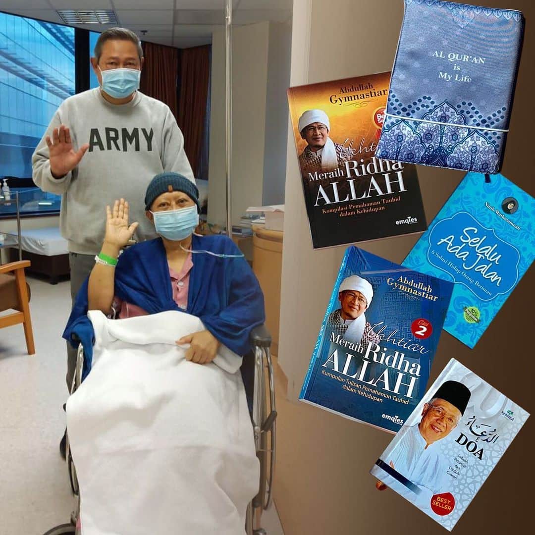 アニ・ユドヨノのインスタグラム：「Aa Gym & Teh Ninih yang saya sayangi,  Saya dan Pak SBY bersyukur dan mengucapkan terima kasih atas keikhlasan Aa Gym dan Teh Ninih untuk mendoakan kesembuhan saya. Allah SWT-lah yang akan membalas kebaikan Aa dan Teh Ninih.  Kami juga telah menerima 5 kiriman buku (Al Quran; 2 Kumpulan Tulisan Aa Gym “Ikhtiar Meraih Ridha Allah”; dan 2 Buku Doa yang dikirim Teh Ninih). Insya Allah kandungan Al Quranul Karim dan buku-buku yang dikirim tersebut akan menjadi sarana dan jalan untuk kesembuhan saya. Terima kasih. Salam.」