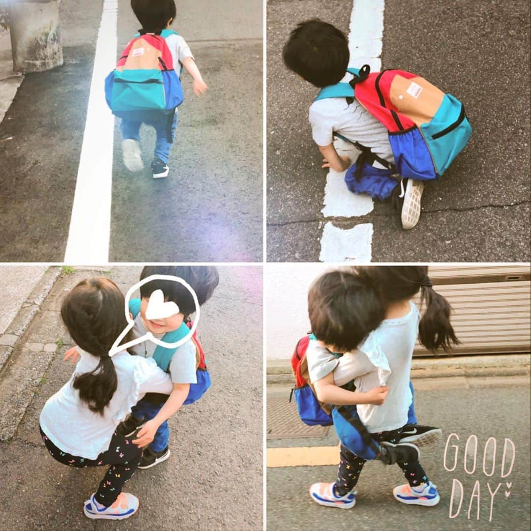 のインスタグラム：「誕生日にプレゼントしたリュック。 サイズ大きくて背負われてる。笑 「おにいちゃんだからー！」と張り切るものの物を入れ過ぎてフラフラ。 お姉ちゃんに抱っこしてもらい嬉しそう☺︎ . .  #姉弟愛 #息子3歳#娘4歳 #リュック男子 🎒 #力持ち女子 💪🏻」