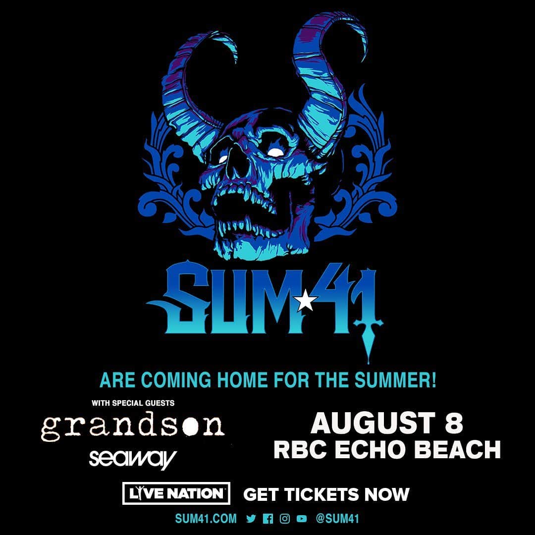 Sum 41さんのインスタグラム写真 - (Sum 41Instagram)「#Toronto! Our friends @seawayband have just been added to our show at #RBCEchoBeach on Aug 8 with @grandson. Tickets on sale now. [link in Story]」5月14日 23時09分 - sum41