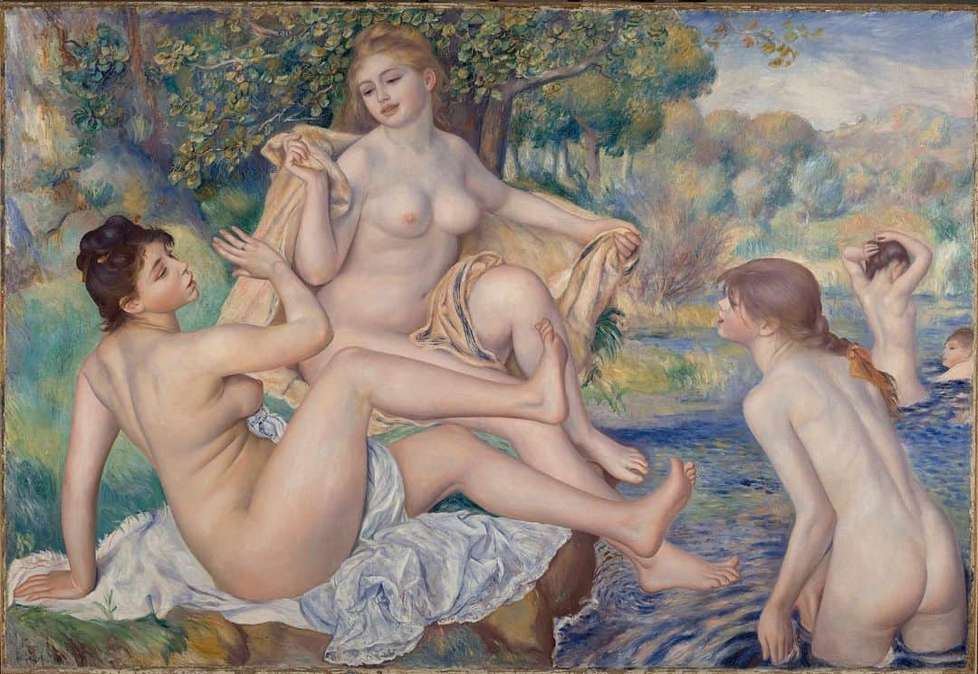 フィラデルフィア美術館さんのインスタグラム写真 - (フィラデルフィア美術館Instagram)「Pierre-Auguste Renoir’s “The Great Bathers” is widely acknowledged to be one of the most significant paintings of the artist’s career. Also one of his largest canvases, it presents an unconventional combination of a loose, #Impressionist-style landscape contrasted with incisively drawn, smoothly modeled figures that recall earlier artistic traditions. Before beginning this work, #Renoir claimed that with it he would “beat Raphael,” clearly intending to secure his place within the history of art. To live up to his boast, Renoir created more than twenty preparatory drawings, and worked and re-worked the canvas over the course of three years, taking longer to create this painting than he did any other. When completed in 1887, he declared it “my master work.” • In advance of the centennial of Renoir’s death in 2019 and the opening of "The #ImpressionistsEye," "The Great Bathers" was the subject of intensive study in order to shed new light on its unusually complex and extended process of creation, and how it reflected the importance Renoir placed upon this painting. We also gathered information on Renoir’s materials and techniques to better understand how the artist’s choices and the effects of time have altered the painting’s appearance. • Follow along as we reveal new insights from the process of researching, analyzing, and conserving Renoir’s “The Great Bathers,” now on view in "The Impressionist’s Eye." #RenoirConservation #MuseumWeek #SecretsMW • “The Great Bathers,” 1884–87, by Pierre-Auguste Renoir. Detail image is a photomicrograph of the paint surface, showing re-working of layers of paint visible within an open crack, at 200x magnification. • This conservation project and exhibition are supported by Bank of America.」5月14日 23時27分 - philamuseum