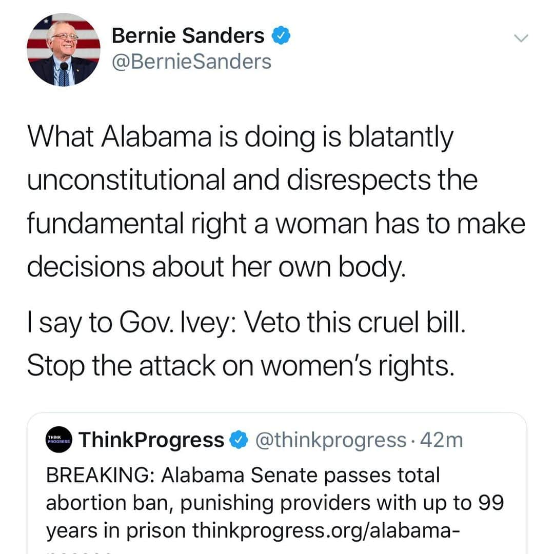 バーニー・サンダースさんのインスタグラム写真 - (バーニー・サンダースInstagram)「Alabama’s abortion ban is blatantly unconstitutional.」5月15日 11時31分 - berniesanders