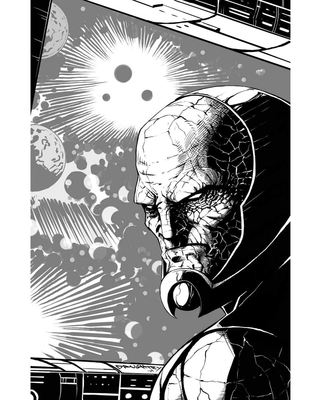 クリス・ドートリーさんのインスタグラム写真 - (クリス・ドートリーInstagram)「Haven’t posted any art lately so... Here’s a piece I did back in February... one of my favorite villains ever DARKSEID.  SWIPE LEFT to see close ups and original pencils.  I did all the inks on IPad Pro using #sketchbookpro. Background is a lil homage to Jack Kirby. Thanks @jimlee for the heavy blacks tip and @rongarneyart for the suggestion on the tech window😬 #art #comicart #darkseid #omega #releasethesnydercut」5月15日 4時51分 - chrisdaughtry