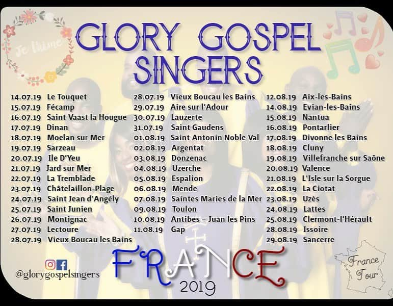 The Glory Gospelのインスタグラム：「🗣Check out our tour schedule!! We’re going back to #France!!! Details are on our Facebook page. See you soon! 🎹🎼🎤✈️🇫🇷🤗❤️🥰 #glorygospelsingers #ggsworldwide #francetour #gospel #singers」