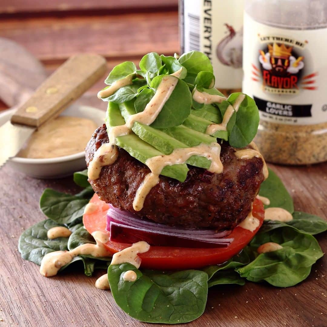 Flavorgod Seasoningsさんのインスタグラム写真 - (Flavorgod SeasoningsInstagram)「BUNLESS BURGER with CHIPOTLE SAUCE⠀ ⠀ Quick and easy paleo burger with a spicy topping from @paleo_newbie_recipes. Features beef from @5280meat and seasonings from @flavorgod.⠀ ⠀ ⠀ INGREDIENTS⠀ ⠀ 1 pound grass-fed ground beef⠀ Flavor God GARLIC LOVERS Seasoning⠀ Flavor God EVERYTHING Seasoning⠀ Tomato, sliced⠀ Red onion, sliced⠀ Spinach or lettuce leaves⠀ Avocado, sliced⠀ Alfalfa sprouts or micro greens, optional garnish⠀ Salt & pepper to taste⠀ ⠀ Chipotle Sauce –⠀ 1/2 cup paleo mayonnaise⠀ 1 medium-sized chipotle in adobo sauce⠀ 1 1/2 tsp adobo sauce⠀ Salt and pepper to taste⠀ ⠀ ⠀ INSTRUCTIONS⠀ ⠀ Prepare Chipotle Sauce by placing all ingredients in a blender and pulsing a few times to purée. Taste and add salt and pepper if needed. Set aside in refrigerator.⠀ --⠀ Place ground beef in mixing bowl, season liberally with Flavor God GARLIC LOVERS and EVERYTHING Seasonings. Lightly mix and then form into patties. Season each side with salt and pepper. Grill on medium-high heat until desired doneness is reached.⠀ --⠀ Stack burger fixings as desired, and generously top with chipotle sauce.⠀」5月15日 10時00分 - flavorgod