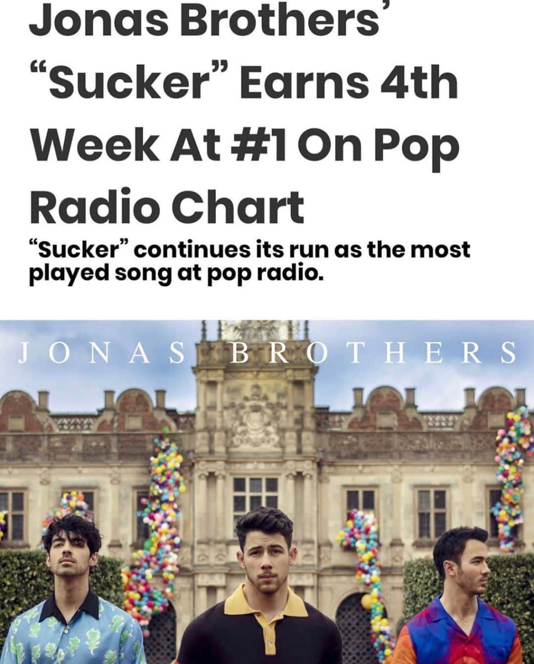 ジョー・ジョナスさんのインスタグラム写真 - (ジョー・ジョナスInstagram)「4 weeks at #1 for #Sucker. Incredible 🤯🎉」5月16日 12時26分 - joejonas