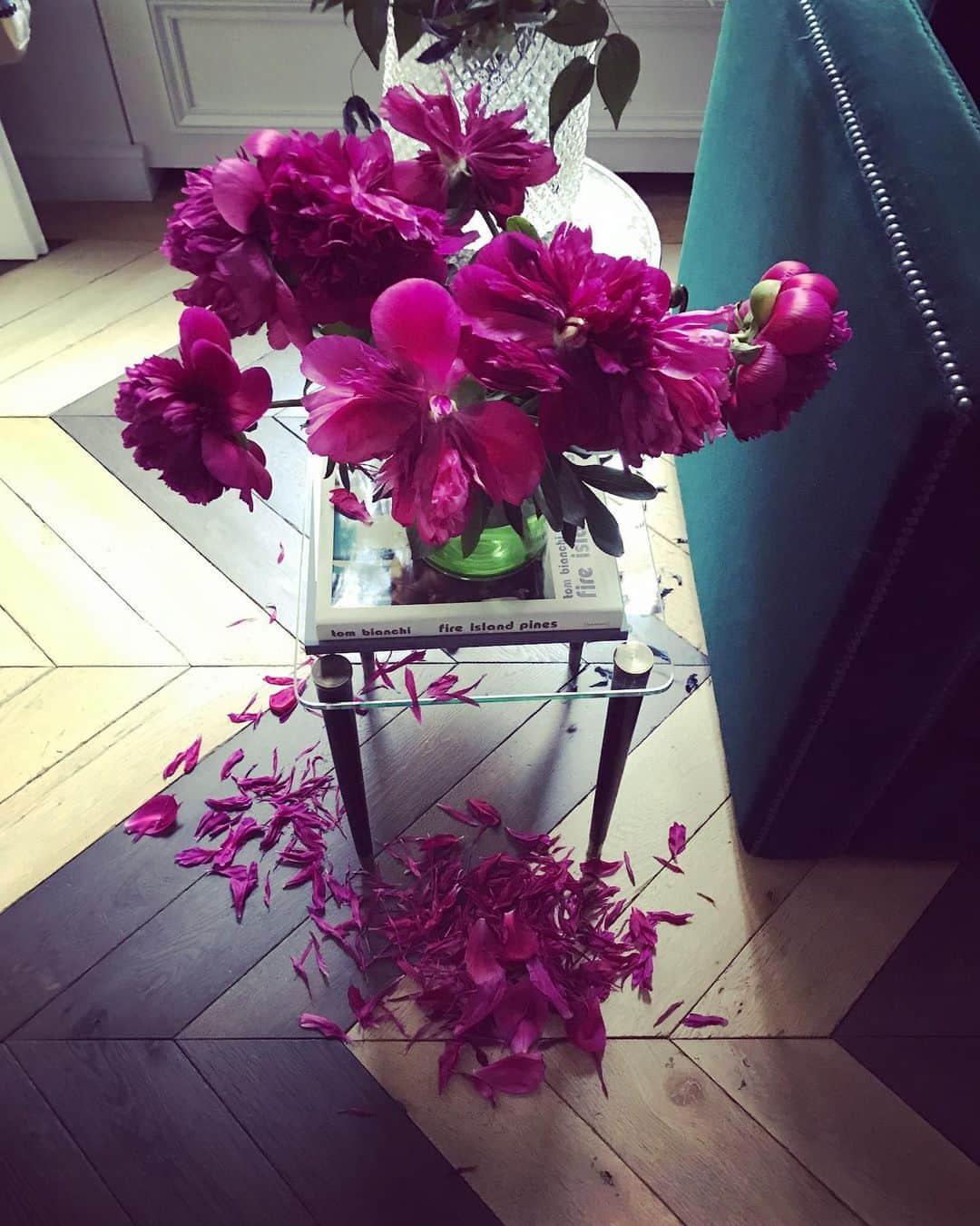 アレクシマビーユのインスタグラム：「Home sweet home falling peonies @alexismabille #peonies #purple #homesweethome #fallingpetals #petals #flowers #bloom #delicate #poetry #theend @tombianchi #sidetable #alexismabille #morningview @fabt85」
