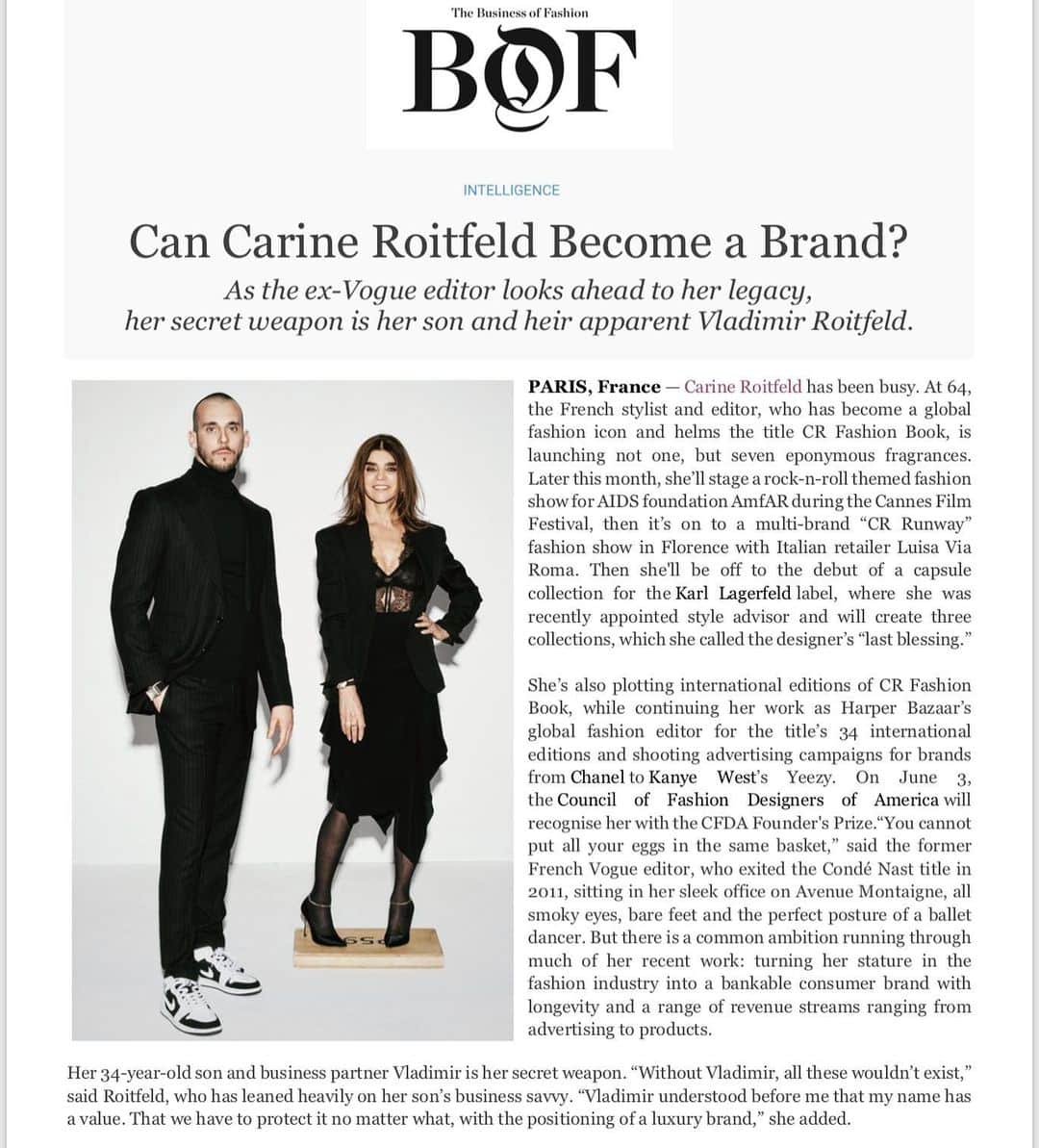カリーヌ・ロワトフェルドのインスタグラム：「Thanks @bof @imranamed @carineroitfeldparis @vladimirrestoinroitfeld @mrferryvandernat @laureguilbault @tomford」