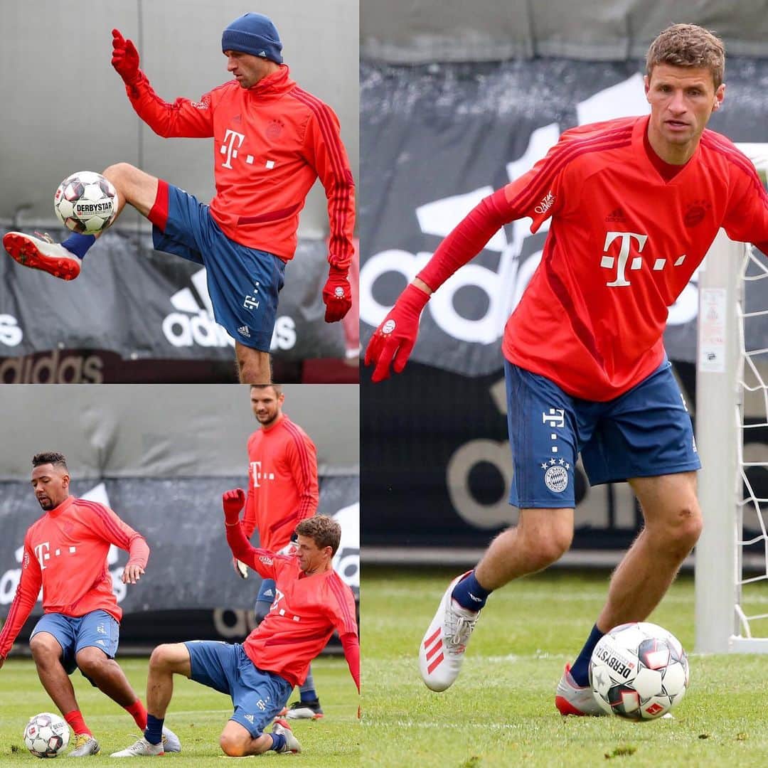 トーマス・ミュラーのインスタグラム：「Fine tuning in an intensive training session. Ready for the @bundesliga_en finish! 👍🏼 #fcbsge #fcbayern #meisterschaft #packmas #esmuellert #miasanmia」