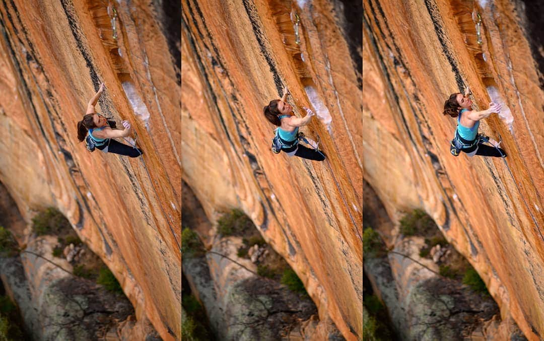 ペイジー・クラッセンのインスタグラム：「Groove Train has occupied some space in my brain since I first heard about it 8 years ago. A beautiful sandstone wall, long reaches, mega runouts - what's not to love? Today, I got to fulfill a life dream of climbing this masterpiece, and it lived up to my lofty expectations.⁣ ⁣ This is "the move" on Groovy, the intro 13a, arguably more difficult than the upper 14b (just kidding, but seriously). To all you #slaydies out there - I have 5'10" arms (178cm) and there's still some room in that span. Get out there and try this beauty!⁣ ⁣ I'm writing a blog post for @lasportivana about what goes through my head when red pointing, and if you know me at all, you know it's not going to be what you'd expect. Instead, look forward to my 2 redpoint singalongs...they are e-m-b-a-r-r-s-s-i-n-g, yet I am not ashamed. They get me up walls. I also like to pray mid-route, because contrary to popular belief, I think God cares about fun stuff, like climbing midway up a cliff face that could be summited via hiking.⁣ ⁣ Thanks to my husband, @arjandekock, who set aside his own goals to support me in mine. Arjan has also been shooting footage (as well as these photos 📷 ) of Groove Train, so stay tuned for that. And to @weebitwindy and @pebble_crusher who kept the energy at level 💯.⁣ ⁣ While the Grampians closures are devastating to this area, don't let them get you down! There's still so much beautiful climbing to be enjoyed here, and the local community is making a massive effort to reverse the bans. Lend your support by visiting https://cliffcare.org.au/about/donate/ and Https://vic.climb.org.au/ #grampians #climbing #taipan」