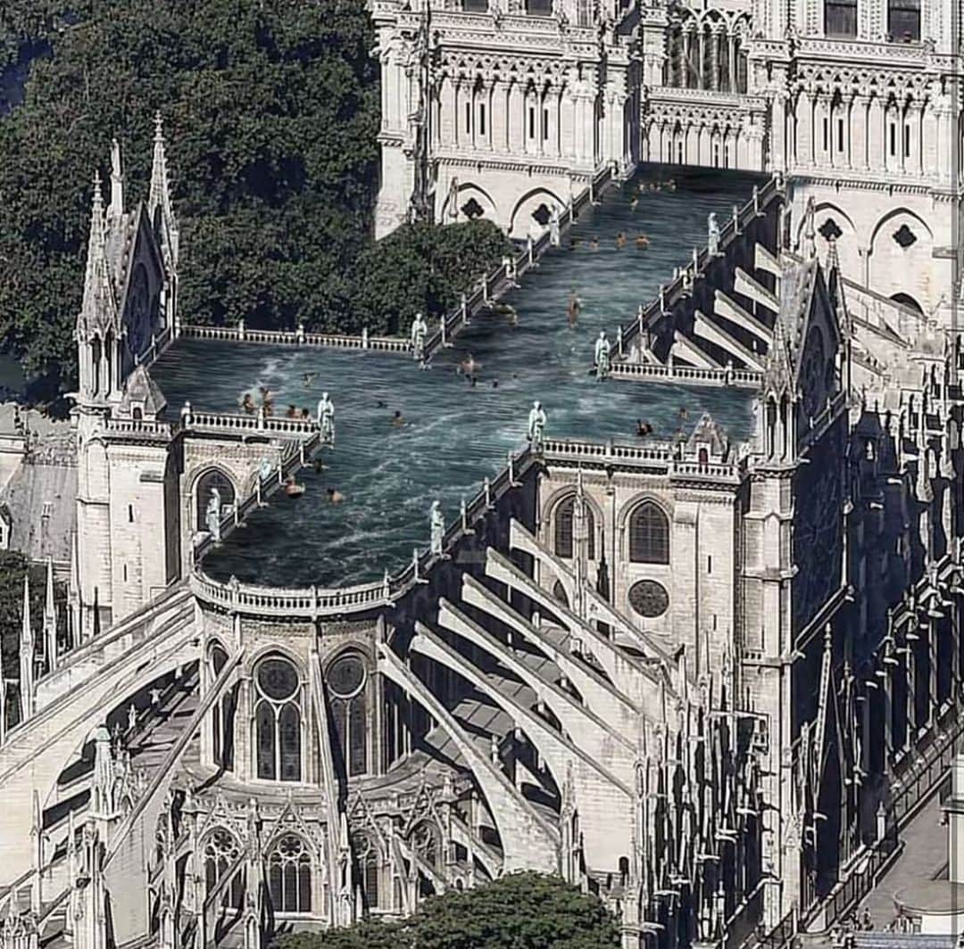 Architecture - Housesさんのインスタグラム写真 - (Architecture - HousesInstagram)「😮 What do you think about this proposal for the Notre-Dame Cathedral by @ulfmejergrenarchitects . #proposal #notredame #notredamecathedral #design #idea #pool #ruf #architecture #remodel #build #poolside #paris #france #church #french #swim #proposalideas」5月16日 21時00分 - _archidesignhome_