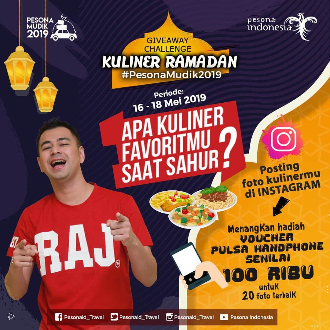 Raffi Ahmadさんのインスタグラム写真 - (Raffi AhmadInstagram)「Marhaban Yaa Ramadan, Selamat menunaikan Ibadah Puasa semuanya. Ngomong ngomong soal Bulan Ramadan, Kalian kalau sahur sukanya makan apa nih? Nah, Raffi mau men Challange kalian  Apa menu makanan yang kalian paling favoritkan saat Sahur?  Foto dan posting di Akun IG kalian dengan caption singkat menceritakan alasan kalian memfavoritkannya. Ingat, Foto harus berwarna, tanpa bingkai dan watermark, Boleh menggunakan kamera HP.  Jangan lupa Follow dan Mention: @pesonamudik2019 @pesonaid_travel @kemenpar @raffinagita1717  Setiap orang boleh ikut lebih dari satu kali dengan foto berbeda  Gunakan Hastag: #Pesonamudik2019 #KulinerPesonaMudik2019 #PesonaIndonesia #WonderfulIndonesia #ChallengeRamadanRaffinagita1717  20 Foto terbaik akan mendapatkan Voucher Pulsa Handphone senilai 100 Ribu Rupiah *Periode Challange: 16 - 18 Mei 2019 *Pengumuman Pemenang: 19 Mei 2019 di IG Story」5月16日 21時34分 - raffinagita1717