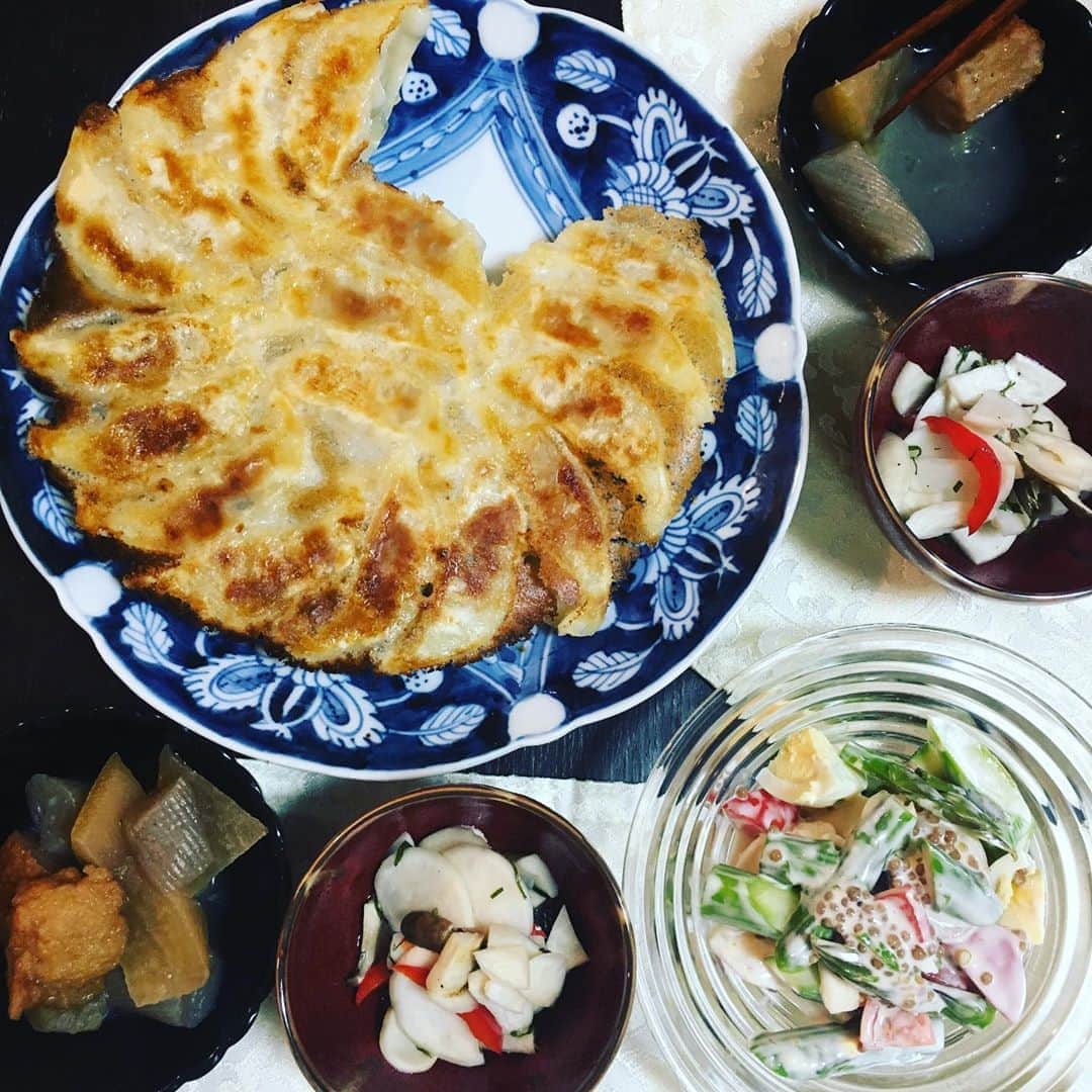 荻原和歌のインスタグラム：「今日のばんごはん。完璧なる羽根つき餃子。エビとアスパラとエリンギ卵のマスタード和え、かぶとレンコン赤パプリカの甘酢、おでん煮。餃子やくうちに当然ビール飲むじゃないですか。なんかもうふらふらです。おやすみなさいみなさま」