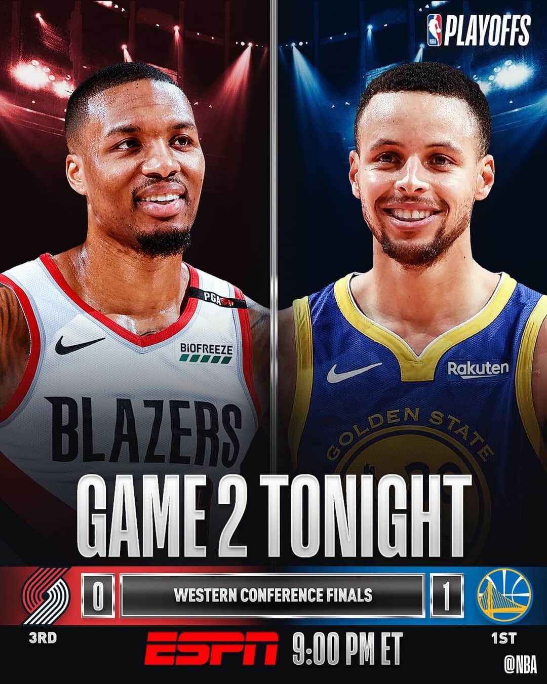 NBAさんのインスタグラム写真 - (NBAInstagram)「Will the @trailblazers even the WCF up 1-1, or will the @warriors go up 2-0... 9:00pm/et @nbaonespn!」5月16日 23時35分 - nba