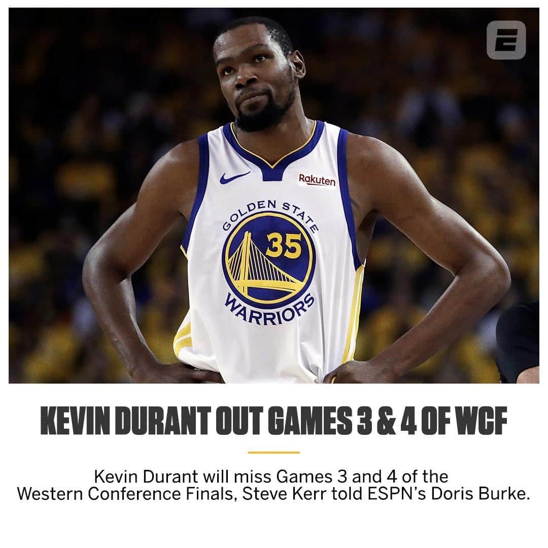 espnさんのインスタグラム写真 - (espnInstagram)「KD has not done any on-court work since injuring his calf in Game 5 of the semifinals.」5月17日 10時09分 - espn
