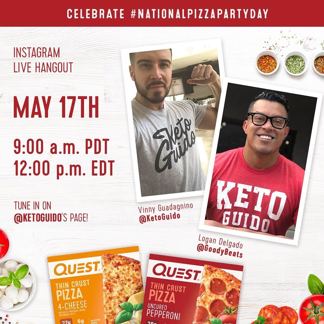 questnutritionさんのインスタグラム写真 - (questnutritionInstagram)「PIZZA 🍕PARTAY! 🍕 We’re celebrating #NationalPizzaPartyDay (Friday, May 17th) with our friends @ketoguido, @goodybeats, @iamthelibster, @brockohurn, & @beaucaspersmart. Tune in to each of the Instagram Live hangouts. SWIPE TO SEE DEETS OF EACH! #OnaQuest」5月17日 2時25分 - questnutrition