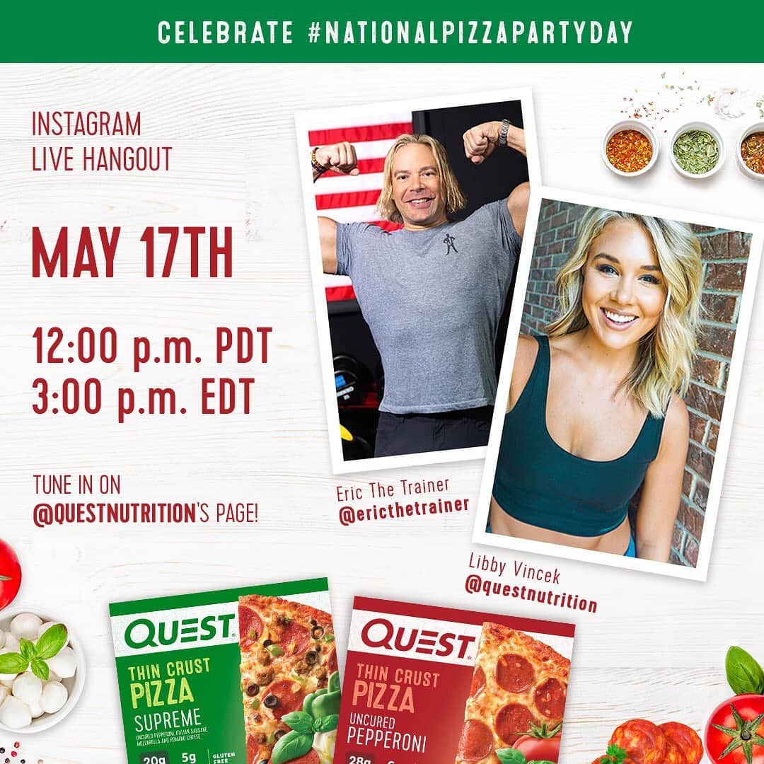 questnutritionさんのインスタグラム写真 - (questnutritionInstagram)「PIZZA 🍕PARTAY! 🍕 We’re celebrating #NationalPizzaPartyDay (Friday, May 17th) with our friends @ketoguido, @goodybeats, @iamthelibster, @brockohurn, & @beaucaspersmart. Tune in to each of the Instagram Live hangouts. SWIPE TO SEE DEETS OF EACH! #OnaQuest」5月17日 2時25分 - questnutrition