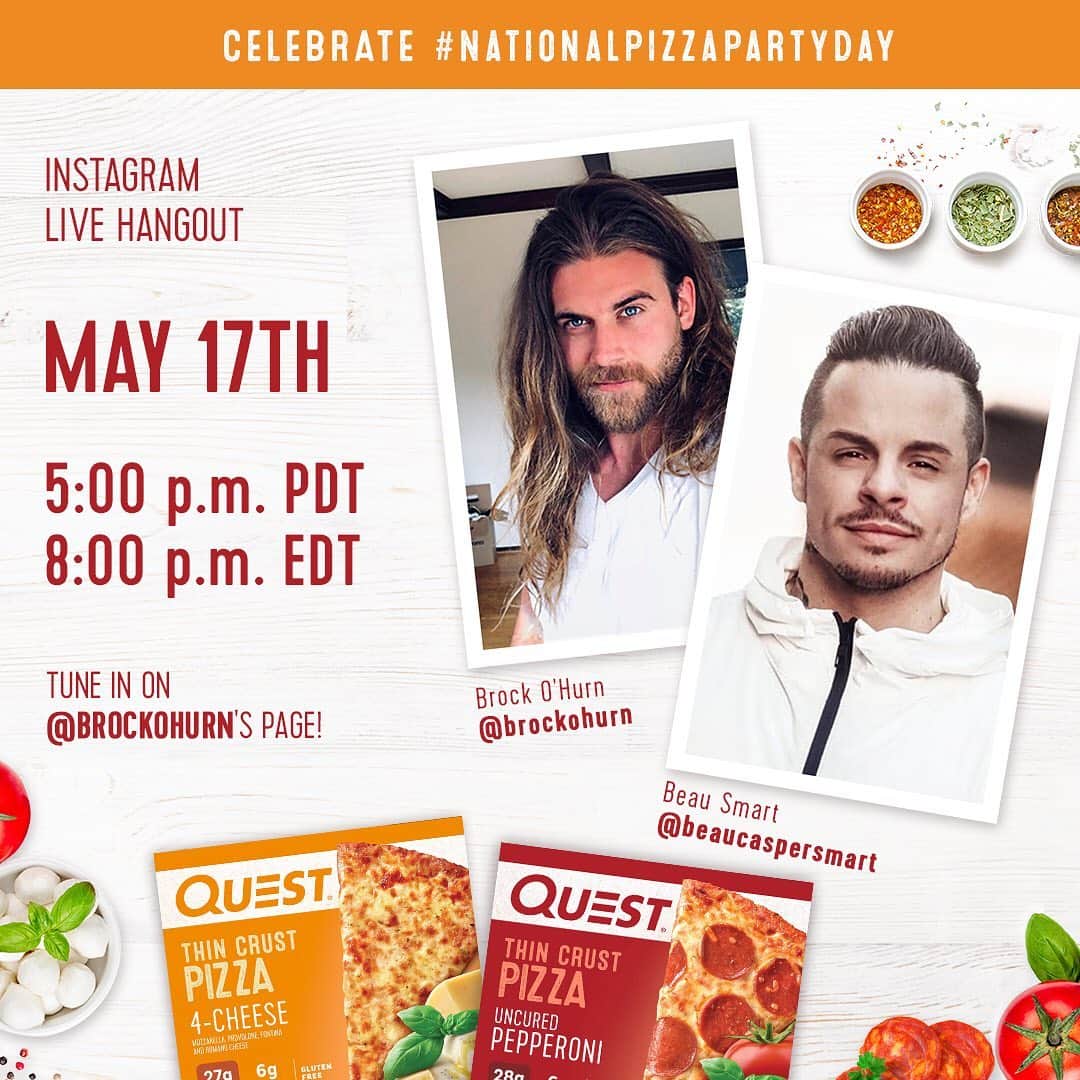 questnutritionさんのインスタグラム写真 - (questnutritionInstagram)「PIZZA 🍕PARTAY! 🍕 We’re celebrating #NationalPizzaPartyDay (Friday, May 17th) with our friends @ketoguido, @goodybeats, @iamthelibster, @brockohurn, & @beaucaspersmart. Tune in to each of the Instagram Live hangouts. SWIPE TO SEE DEETS OF EACH! #OnaQuest」5月17日 2時25分 - questnutrition