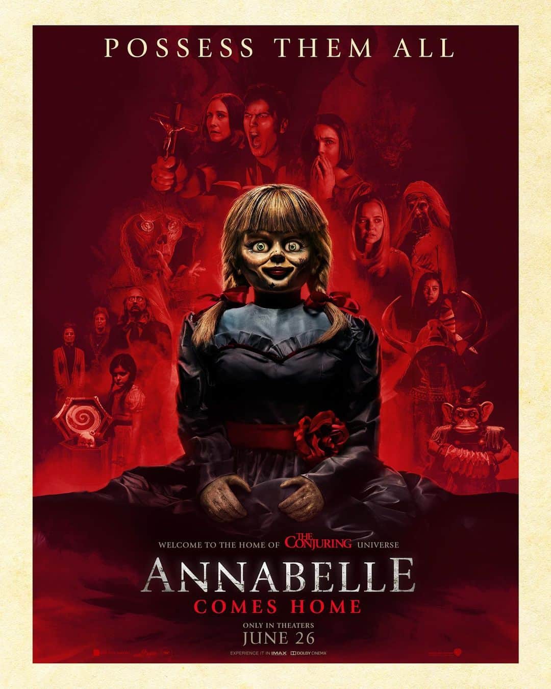 ジェームズ・ワンのインスタグラム：「I think this is my fav Annabelle poster. Can’t wait for you guys to see #AnnabelleComesHome. Gary did a great job, and made something a little different. Shades of old school Amblin or Monster Squad... in the Conjuring world. And wait — is that a freaking werewolf I see in the poster?! Get ready to “possess them all,” people! June 26.」