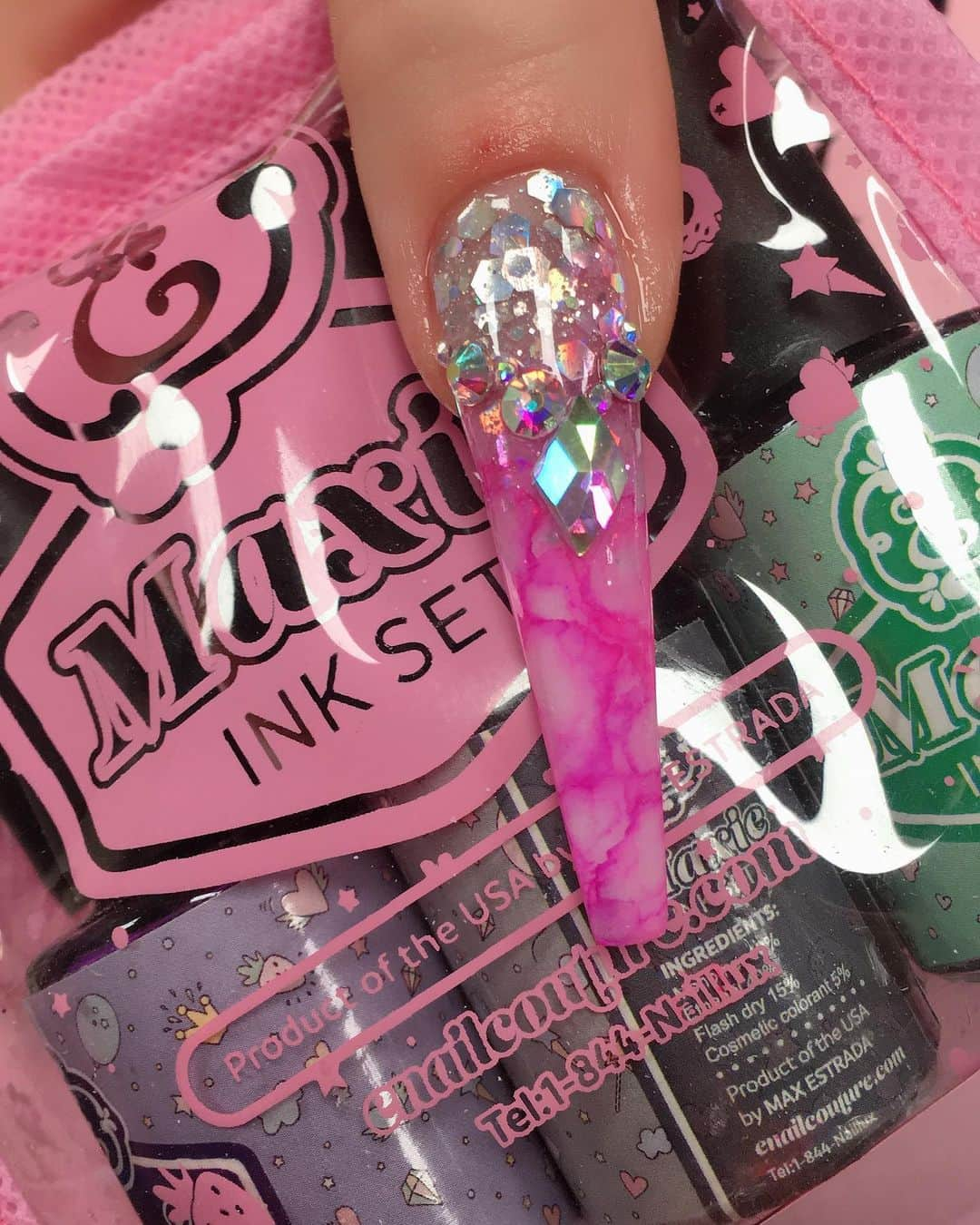 Max Estradaさんのインスタグラム写真 - (Max EstradaInstagram)「Enailcouture.com MAXIE INK SET volume 2 IS HERE !  MAGICALY MAKE BEAUTIFUL WATERCOLOR, TIE-DYE & MARBLING EFFECTS AND MORE WITH EASE! OUR AMERICAN MADE COSMETIC QUALITY APPROVED NAIL INKS! . MAXIE INK SET WORKS ONLY WITH VELVET MATTE GEL AS A SURFACE . PLEASE APPLY A LAYER OF VELVET MATTE TOPCOAT OVER COLOR GEL BEFORE APPLYING MAXIE INK. SEAL WITH A COAT OF SHINEE OR WONDER-GEL FOR A BEAUTIFUL, DIAMOND LIKE FINISH! MAXIE INK SET CONTAINS 6 COLORS AND COMES IN A CUTE CARRY POUCH !  COLORS ARE Beige, white, sky blue, crimson red, lavender, pastel gree  https://Enailcouture.com acrylic system in crystal clear powder with disco pure glitter mix and cotton candy monomer and diamond holic 23, gummy gel and wonder gel top coat ! New nail art diamonds are here ! Diamond carousel in 3 types to choose from ! Only $3.99 in the USA ! Apply with shinee and gummy gel for a dazzling finish! Here we used eternal beige powder and cotton candy monomer #ネイル #nailpolish #nailswag#nailaddict#nailfashion #nailartheaven#nails2inspire#nailsofinstagram #instanails#naillife#nailporn #gelnails #gelpolish#stilettonails#nailaddict #nailcolor#nailsalon #nailproducts #nailsupplies#acrylicnails #nailsdid #nailsoftheday https://Enailcouture.com happy gel is like acrylic and gel had a baby ! Perfect no mess application, candy smell and no airborne dust ! https://Enailcouture.com」5月17日 6時03分 - kingofnail