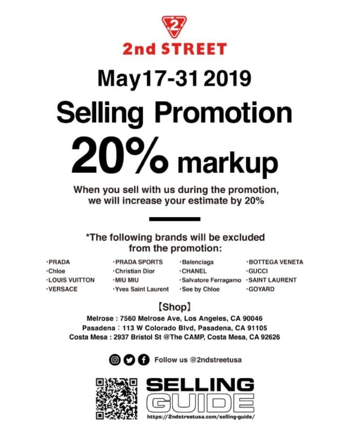 2nd STREET USAさんのインスタグラム写真 - (2nd STREET USAInstagram)「We offer you 20% Markup Promotion from May 17th - 31st. Visit one of our locations with your clothing and accessories. Please note some brands are excluded from the promotion. ✖️✖️✖️✖️✖️✖️✖️✖️✖️✖️✖️✖️✖️✖️✖️✖️✖️ #2ndstreet #2ndstreetusa #2ndstreetvintage #pasadena #melrose #costamesa #melrosestyle #vintage #losangeles #fairfax #labrea #streetstyle #newarrival #newarrivals #secondhand #japan #japanesestyle #ootd #colorful #fashion #fun #instalove #style #art #love #currentlywearing #styleinspo #spring #deals」5月17日 7時32分 - 2ndstreetusa