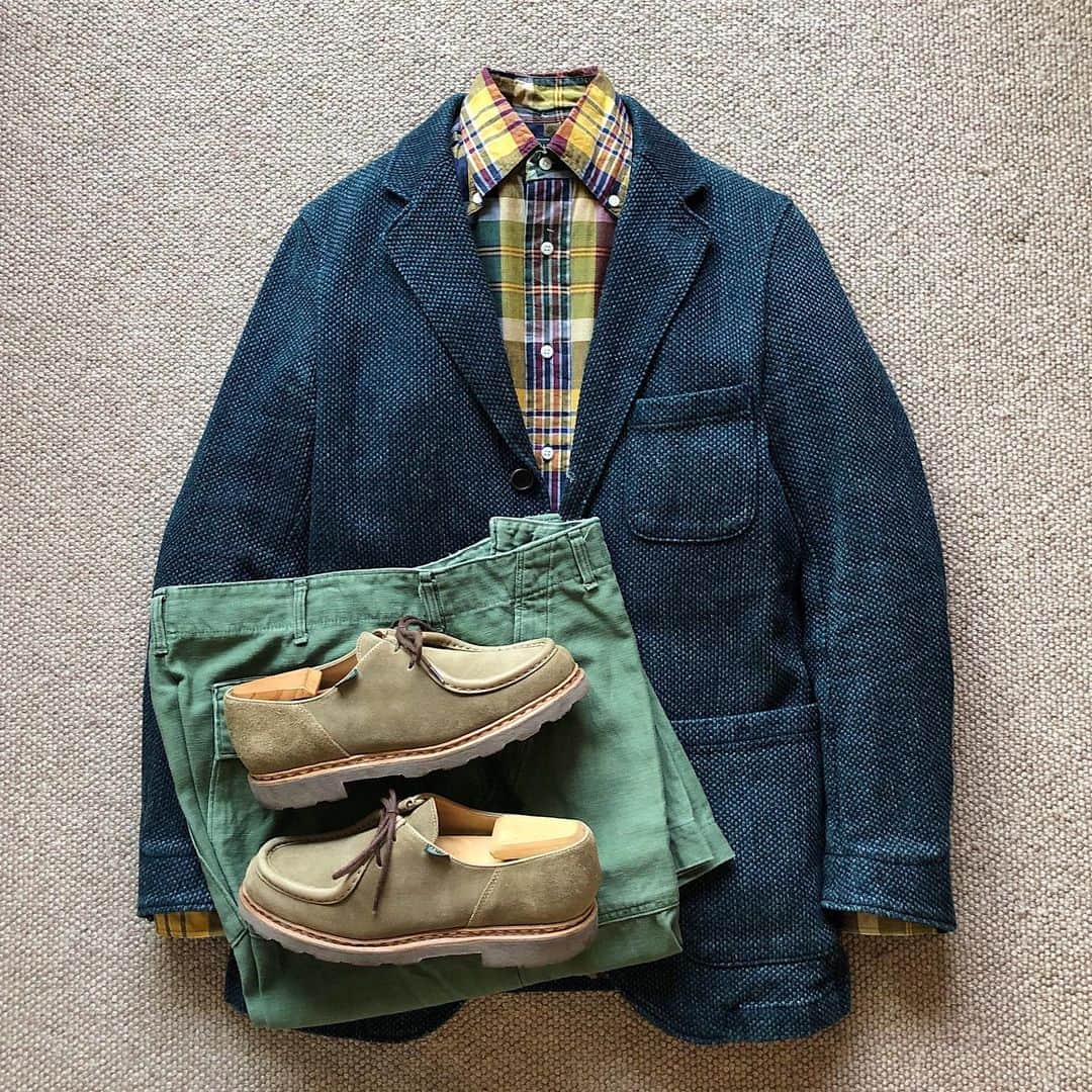 the.daily.obsessionsのインスタグラム：「Today's Outfit. ↓ ＊#FreemansSportingClub Indigo "SASHIKO" 3B Jacket ＊#GitmanVintage Madras Plaid BD-Shirt ＊70's Vintage U.S.Army Fatigue Pants ＊#Paraboot Army Suede Michaell」