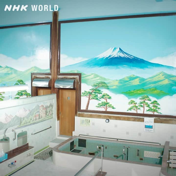 のインスタグラム：「Sento - Japanese public hot-water baths - have long been a community hub, but their numbers are declining. Fifty years ago, Japan had around 18,000, today there's less than 3,000. Typically, sento feature large interior nature-inspired murals. Mizuki Tanaka is one of the country's few remaining sento mural artists. She is working on an image of Mt. Fuji in a sento in Edogawa, a district in the old heart of Tokyo. Her goal is to update it without changing its essential spirit and create an image that helps people relax. See more: Japan From Above - Gifts From The Mountains. . . #sento #japanesepublicbath #sentomural #mural #muralart #muralartist #muralpainting #muralist #sentoart #hotwater #communitybathing #japaneseart #japaneseculture #japanesetradition #japantrip #japantravel #travel #edogawa #tokyo #japan #instagram #instagramjapan #JapanFromAbove #GiftsFromTheMountains #nhkworld #nhkworldjapan #nhk」