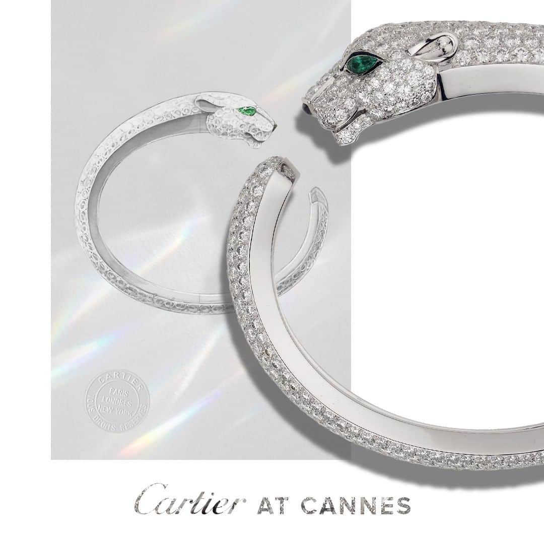 のインスタグラム：「A wild kind of beauty. @NadineLabaki looked stunning in a white gold #PanthèredeCartier bracelet with emeralds, onyx and 706 brilliant-cut diamonds. #Cannes2019」
