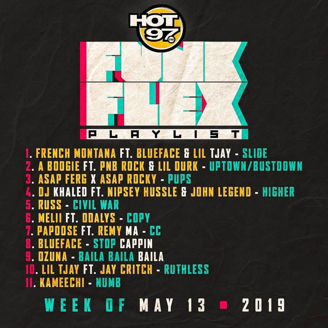 ファンクマスター・フレックスのインスタグラム：「1 @FrenchMontana ft. @bluefacebleedem & @liltjay - Slide (Prod. by #Ashton+ #MIXX + #FrenchMontana [ @salxco + @cashxo ]  2 @Artisthbtl ft. @PNBRock & @DurkioWorld - Uptown/Bustdown (Prod. by @niaggibeats) [ @qp_hbtl + @babydubai_hbtl + @emm.six ]  3 @ASAPFerg x @ASAPRocky - Pups (Prod. by @uptownfrankiep ) 4 @DJKhaled ft. @NipseyHussle & @JohnLegend - Higher (Prod. by @streetrunnermusic + @realkillat + #DJKhaled )  5 @Russ - Civil War (Prod. by @boi1da ) 6 @Melii ft. @odalys_ny - Copy (Prod. by @odalys_ny + @velocitymusicinc ) 7 @papoosepapoose ft. @RemyMa - CC (Prod. by @tiestick )  8  @bluefacebleedem - Stop Cappin (Prod. by @hvnnidband ) 9 @Ozuna - Baila Baila Baila (Prod. by @djluian + @mambokingz + @jownyboomboom + @hydropr ) 10 @LilTJay ft. @JayCritch - Ruthless (Prod. by @rellymade ) 11 @Kameechi232 - Numb @wilmajor」