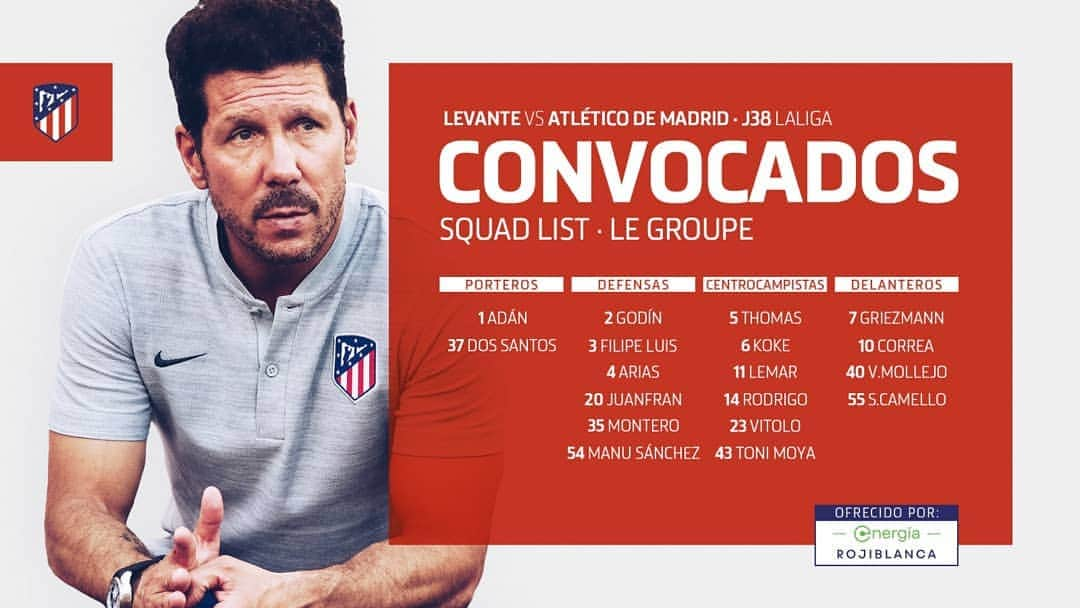 アトレティコ・マドリードさんのインスタグラム写真 - (アトレティコ・マドリードInstagram)「📋 | CONVOCATORIA ¡Descubre la lista de @Simeone para el #LevanteAtleti! 👇 - 📋 | SQUAD LIST Here's @Simeone's list for the last @LaLiga game of the season! 👇 - 📋 | LE GROUPE Voici les joueurs convoqués par @Simeone pour #LevanteAtleti! 👇  #AúpaAtleti #AtléticodeMadrid #Atlético #Atleti #LaLiga」5月18日 2時27分 - atleticodemadrid