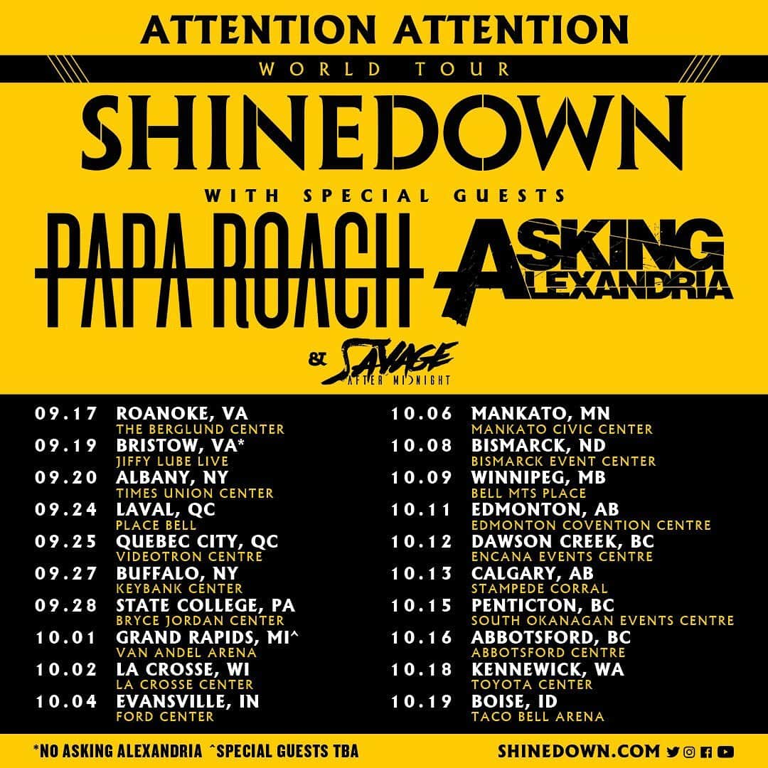 Shinedownさんのインスタグラム写真 - (ShinedownInstagram)「It’s time to get your hands on those 🎫 tickets and VIP packages folks!  Stoked to hit the road again with @paparoach @askingalexandria and @savageaftermidnight this fall! Tickets + VIPs and more info at shinedown.com. #attnattnworldtour 🤘」5月18日 3時40分 - shinedown