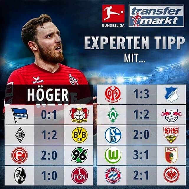 マルコ・ヘーガーのインスタグラム：「Was tippt ihr? Wer wird deutscher #meister ? Wer erreicht die #cl ? @transfermarkt_official @bundesliga_en  #predictions #köln #effzeh #mh6 #liebedeinestadt」