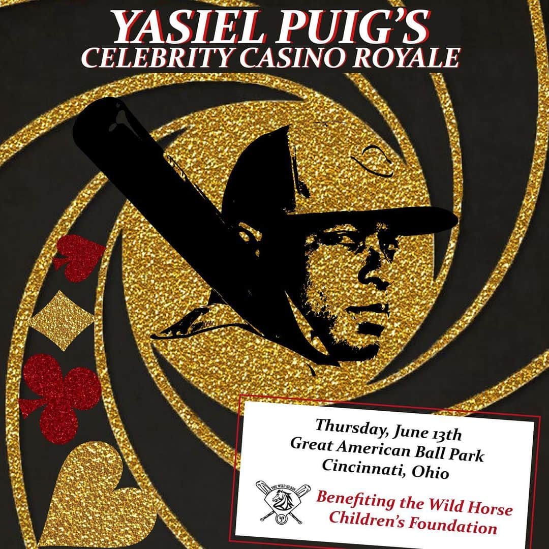 ヤシエル・プイグのインスタグラム：「Cincinnati! Come party with me for a night of poker, casino games, and entertainment on 6/13 at Great American Ball Park to benefit @wildhorsefdn! Every dollar raised will support this city of Cincinnati!  Get your tickets today at 501auctions.com/wildhorsecin (link in bio) #WildHorsePoker」