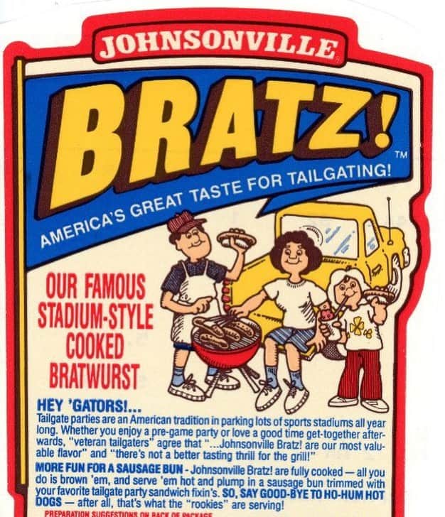 ジョンソンヴィルのインスタグラム：「#TBT to that one time when bratzzzz were too cool for traditional consonants. (Since then, we’ve dropped the “z” but kept the flavor). Pictured: archived 1990 Johnsonville Stadium-Style Cooked Bratwurst Label」