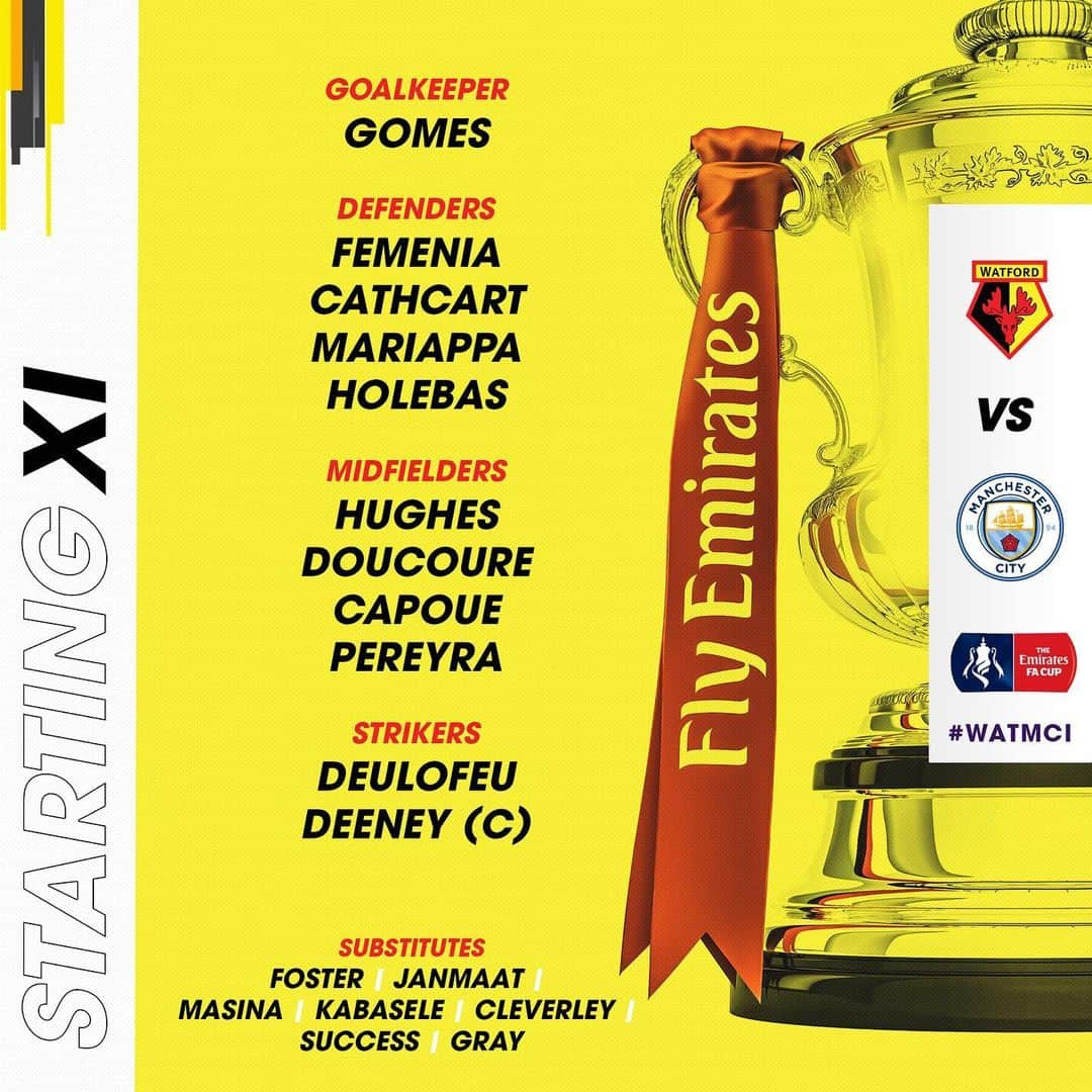 ワトフォードFCさんのインスタグラム写真 - (ワトフォードFCInstagram)「🏆 FA CUP FINAL TEAM NEWS 🏆」5月19日 0時01分 - watfordfcofficial