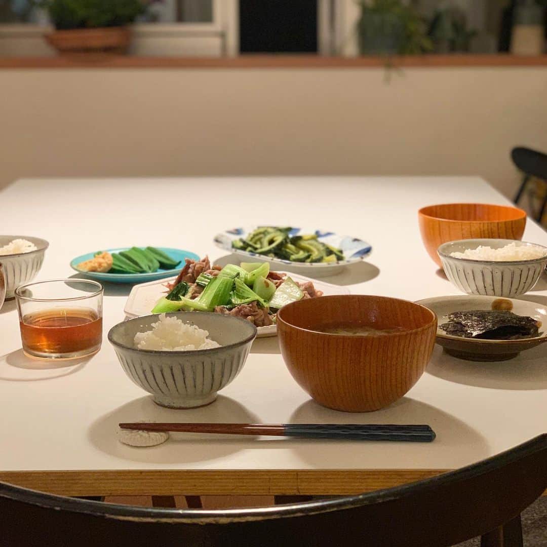 佐藤友子さんのインスタグラム写真 - (佐藤友子Instagram)「冷蔵庫にある食材を、明日買い出しに行く前に消費せねばと思ったら、緑の野菜だらけになった。 ・ でも、どんなメニューでも素朴なご飯が一番落ち着くなぁ。 ・ 白米と白菜のお味噌汁。お味噌はリピートしつづけている熊本のもの。 あとはおかずがちょこちょこ。塩のりもスタンバイ。 ・ 『きのう何食べた？』というドラマにハマってまして、昨夜の回の見逃し配信を観ながら、夕飯つくりました。 ケンジがほんとチャーミングでどんどん好きになってく。 ・ だし巻き卵や雑炊を作りたくなった〜。」5月18日 19時55分 - tomokosato_hokuohkurashi