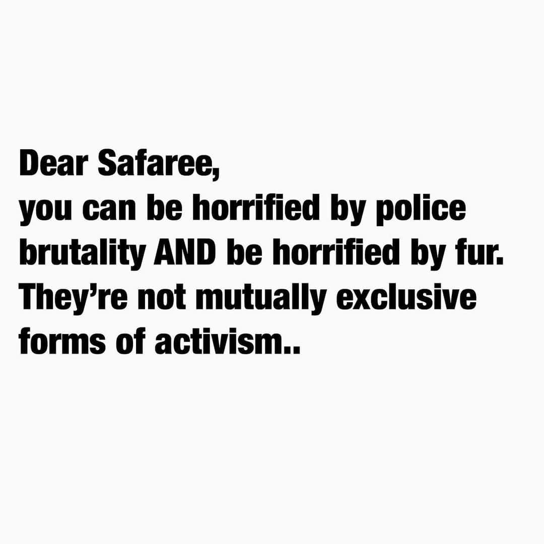 モービーさんのインスタグラム写真 - (モービーInstagram)「Dear @iamsafaree (and @tiffanyhaddish ), you can be horrified by police brutality AND be horrified by fur. They’re not mutually exclusive forms of activism.. In fact, most animal rights activists I know are also human rights and civil rights activists, as well. Trying to justify your support for one type of horror based on the existence of another type of horror is not just illogical, it is cruel, and deeply beneath you.」5月18日 22時48分 - moby