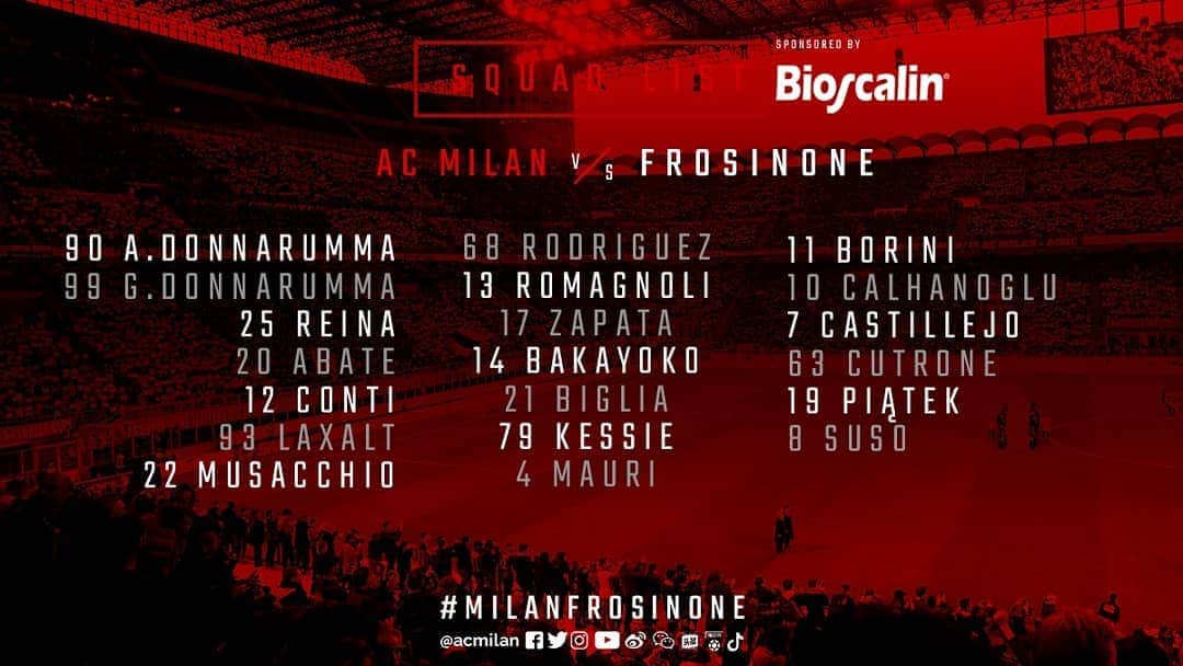 ACミランさんのインスタグラム写真 - (ACミランInstagram)「Here’s the Boss’ 20-man squad for our final home game ​ ​ Ecco i 20 rossoneri convocati per #MilanFrosinone ​ ​」5月19日 1時59分 - acmilan